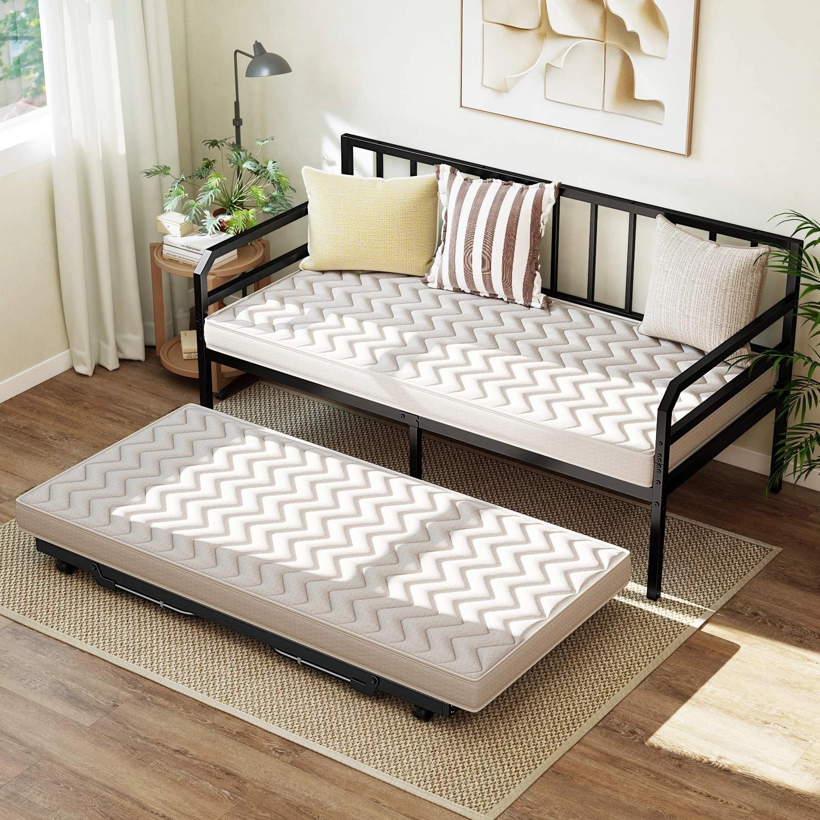 3 Costway Single Sofa Bed Metal Daybed Bed Frame Space Savor w/Pop up Trundle, 3 of 4