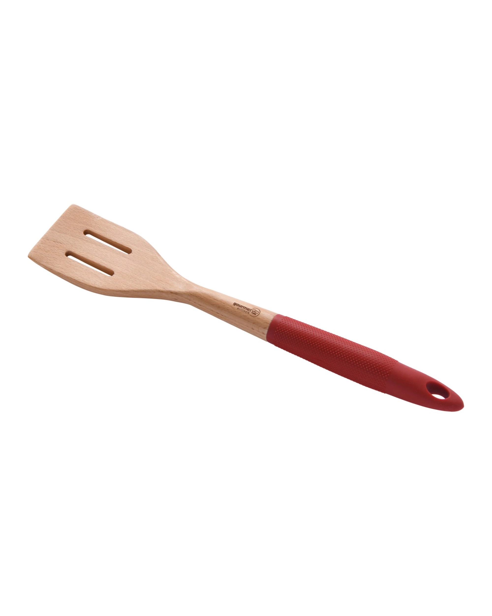 1 Gourmet Kitchen Rustic Beech Wood Slotted Spatula with Silicone Grip - Red, 1 of 8