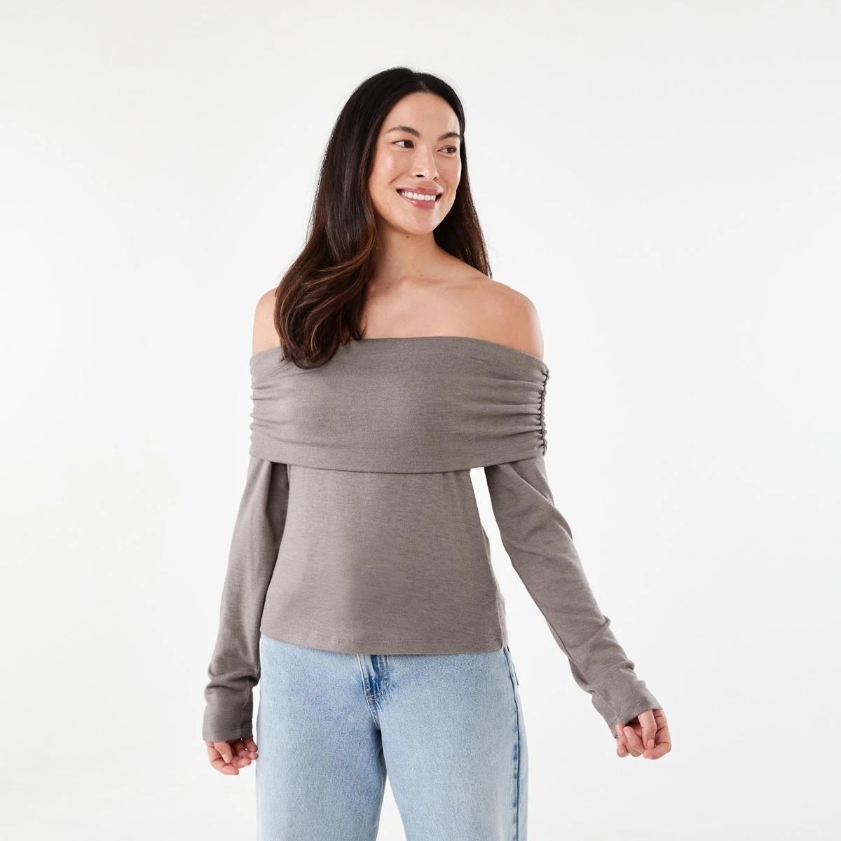 1 Long Sleeve Off Shoulder Top Taupe Brn, 1 of 5