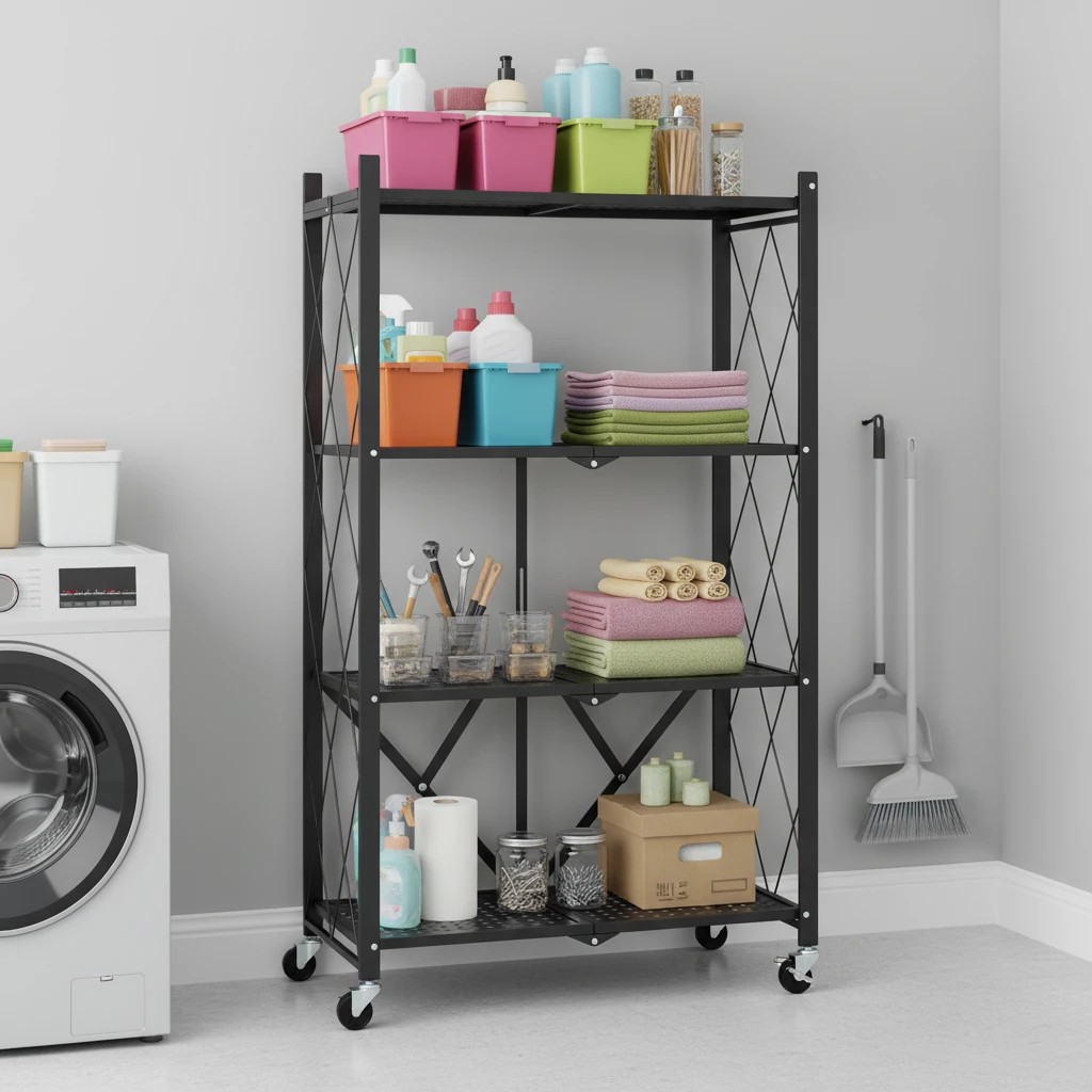 1 Costway 4-Tier Foldable Storage Shelf Storage Rack w/Lockable Wheels Garage Warehouse Shelving, 1 of 1