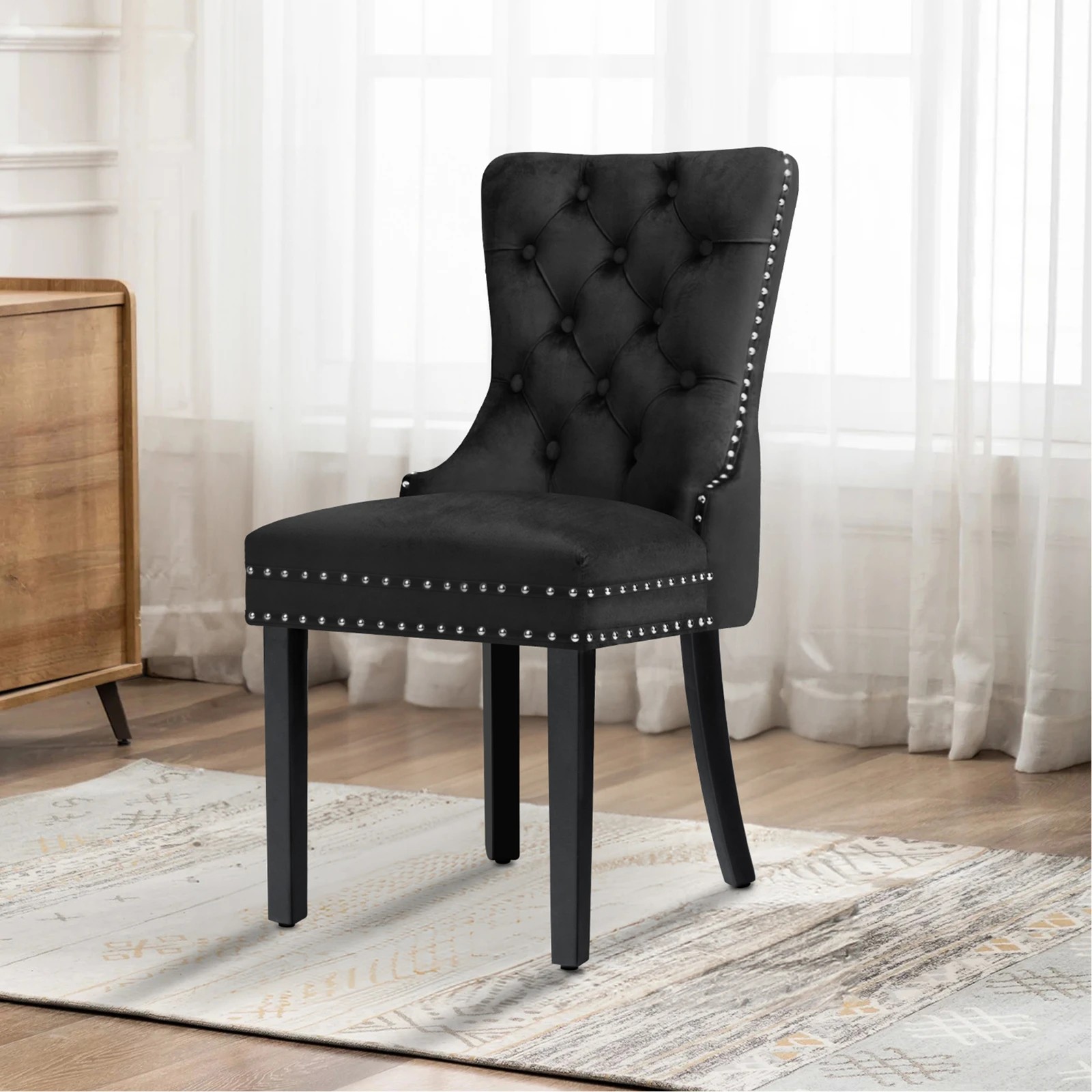 8 Alfordson 4x Dining Chair Kitchen Lounge Retro Button Tufted Wooden Velvet - Black, 8 of 10
