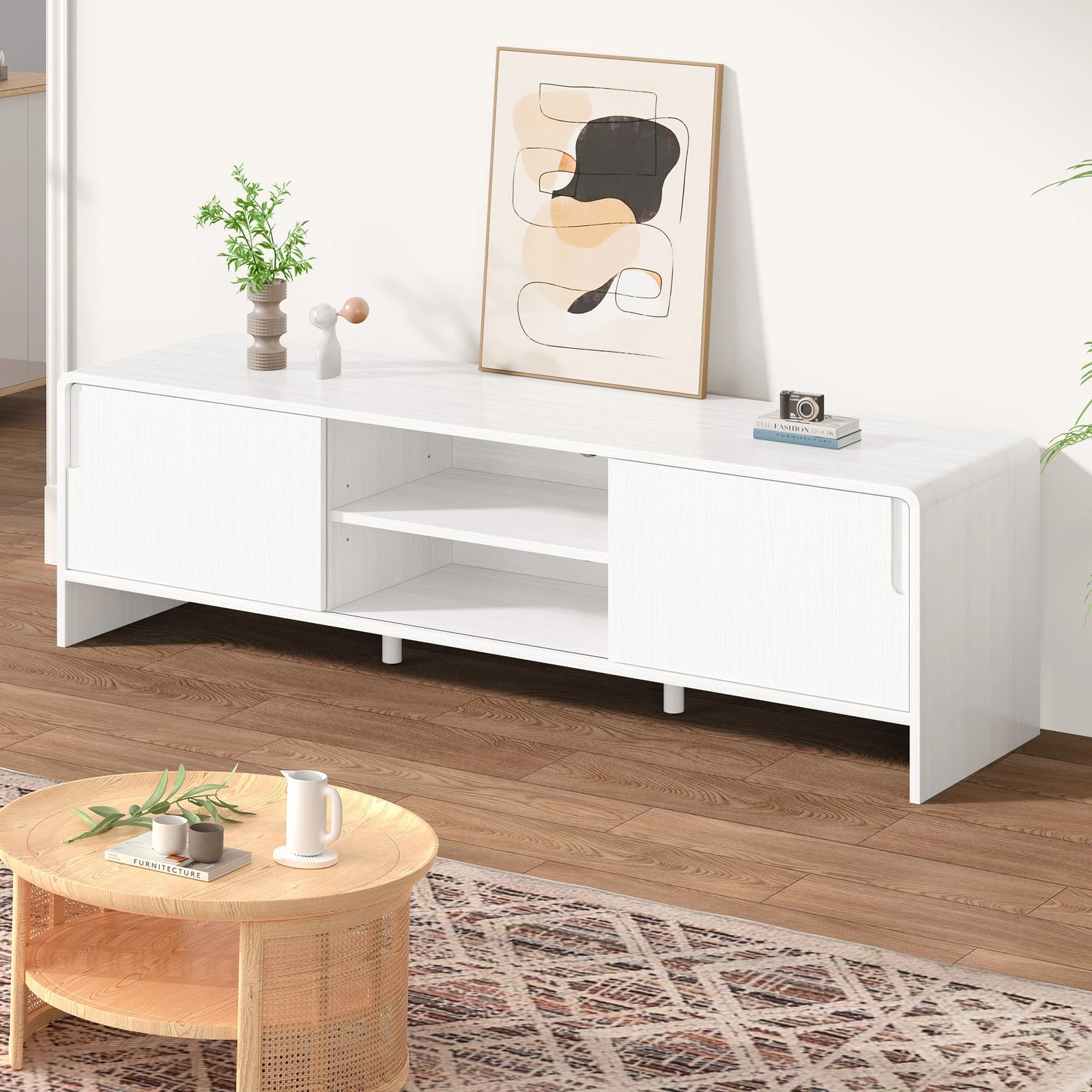 6 Alfordson Entertainment Unit TV Cabinet Stand 150cm Storage Sliding Doors Shelf - White, 6 of 10