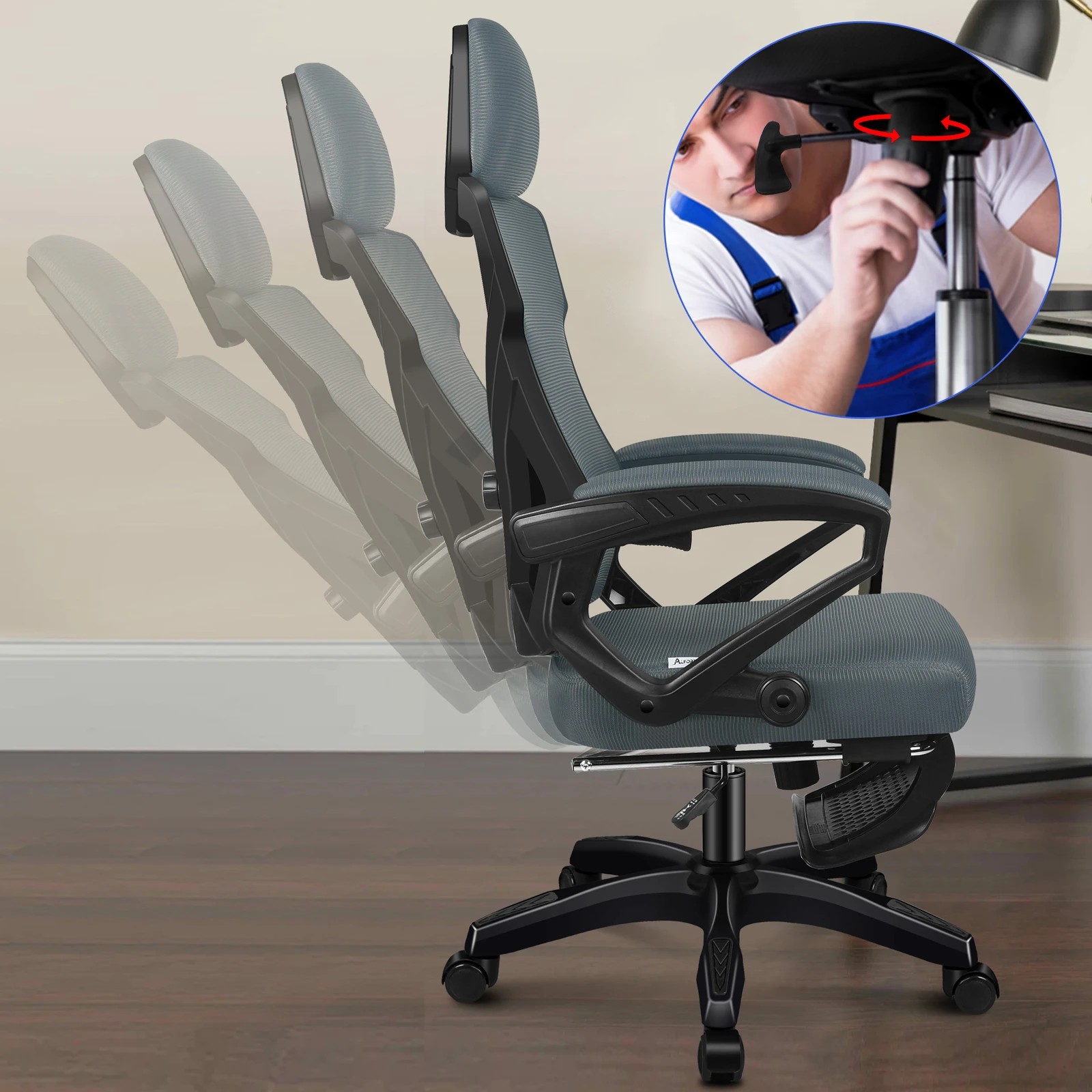 4 Alfordson Office Desk Chair Mesh Executive Computer Fabric Seat Recliner Work - Grey, 4 of 6