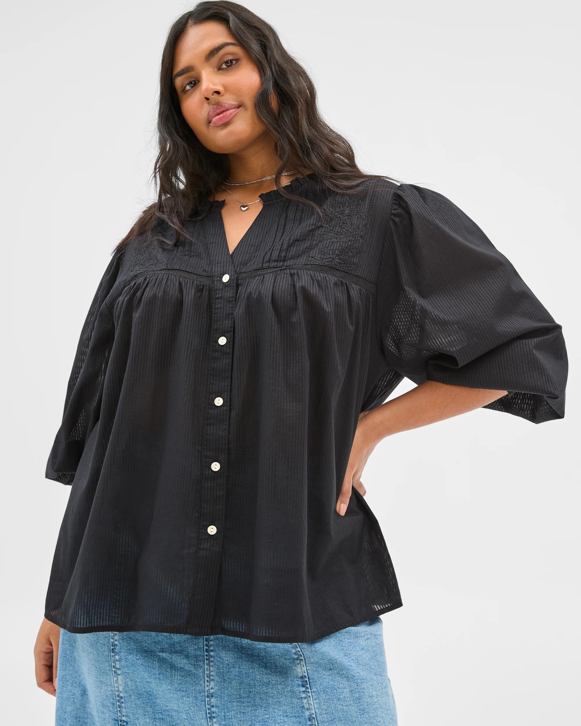 1 Target Plus Size Long Sleeve Broderie Blouse BLACK STRIPE, 1 of 7
