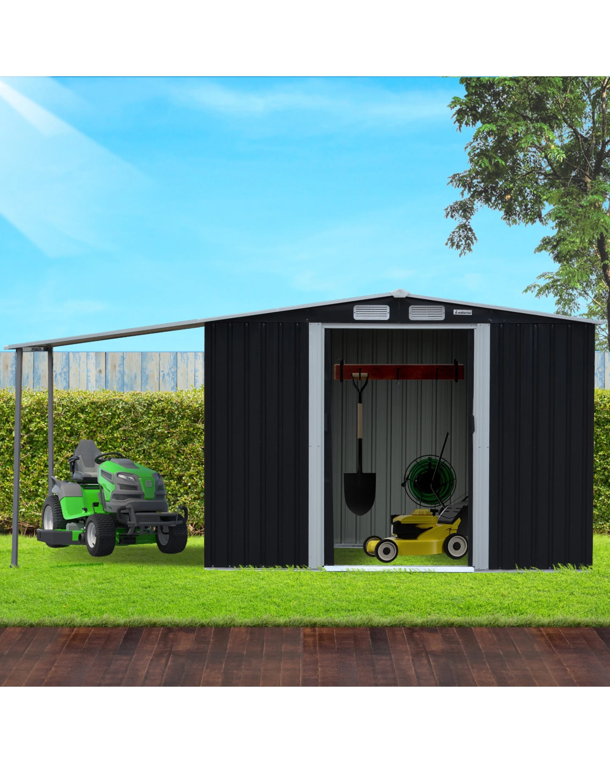3 Wallaroo 10x8ft Steel Garden Shed with Open Storage Sloped Roof Tool Shelter - Black, 3 of 10