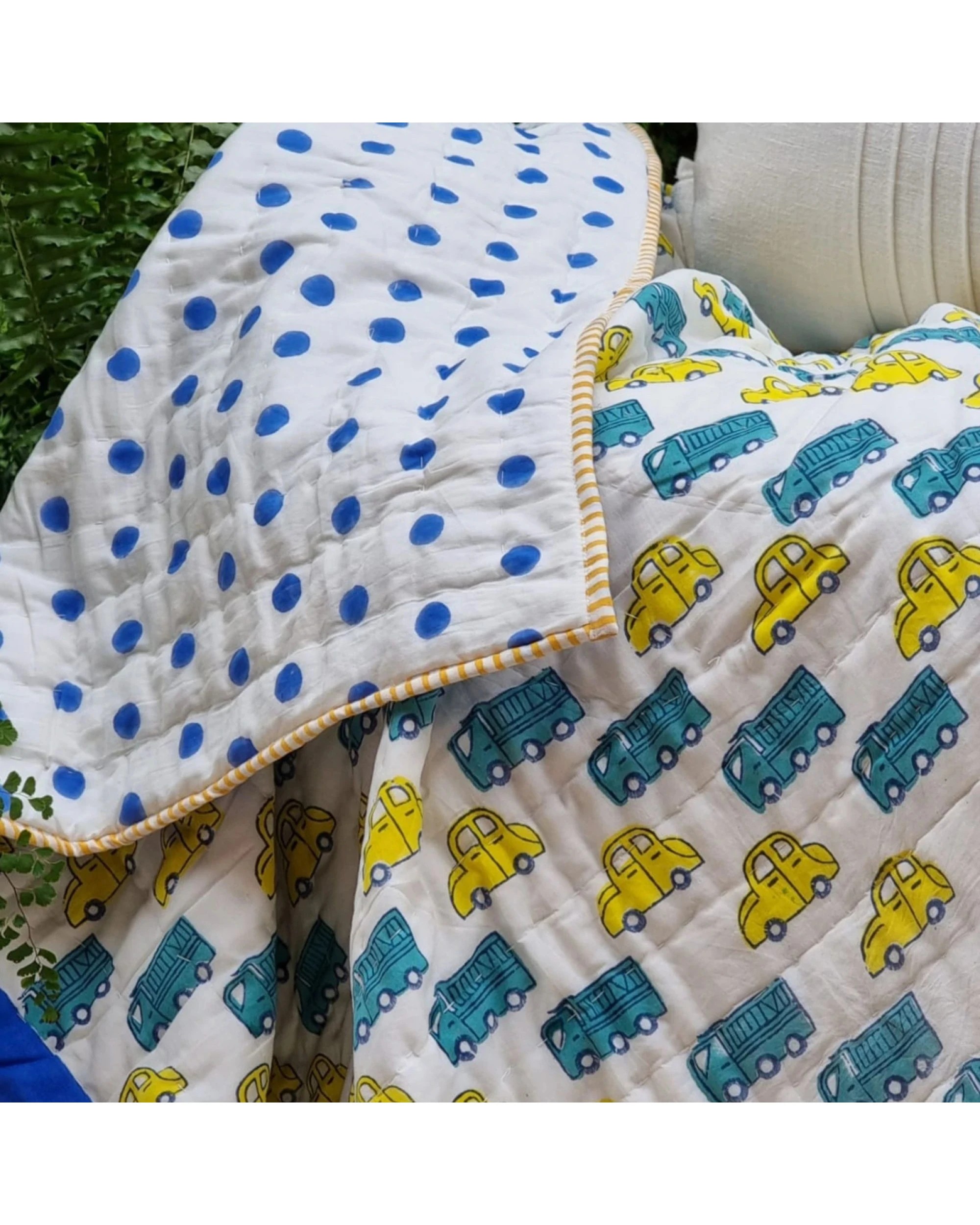 2 Kolka GOTS Certified Organic Cotton Reversible Baby Quilt (100x120cm) - Yellow Cars, 2 of 3