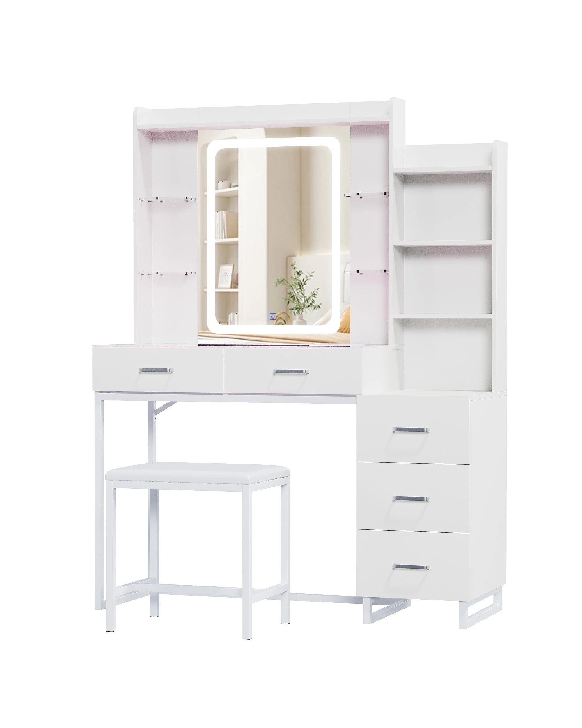 1 Advwin Dressing Table Vanity Desk Glass Top Drawer Wireless Charging LED Light - White, 1 of 10
