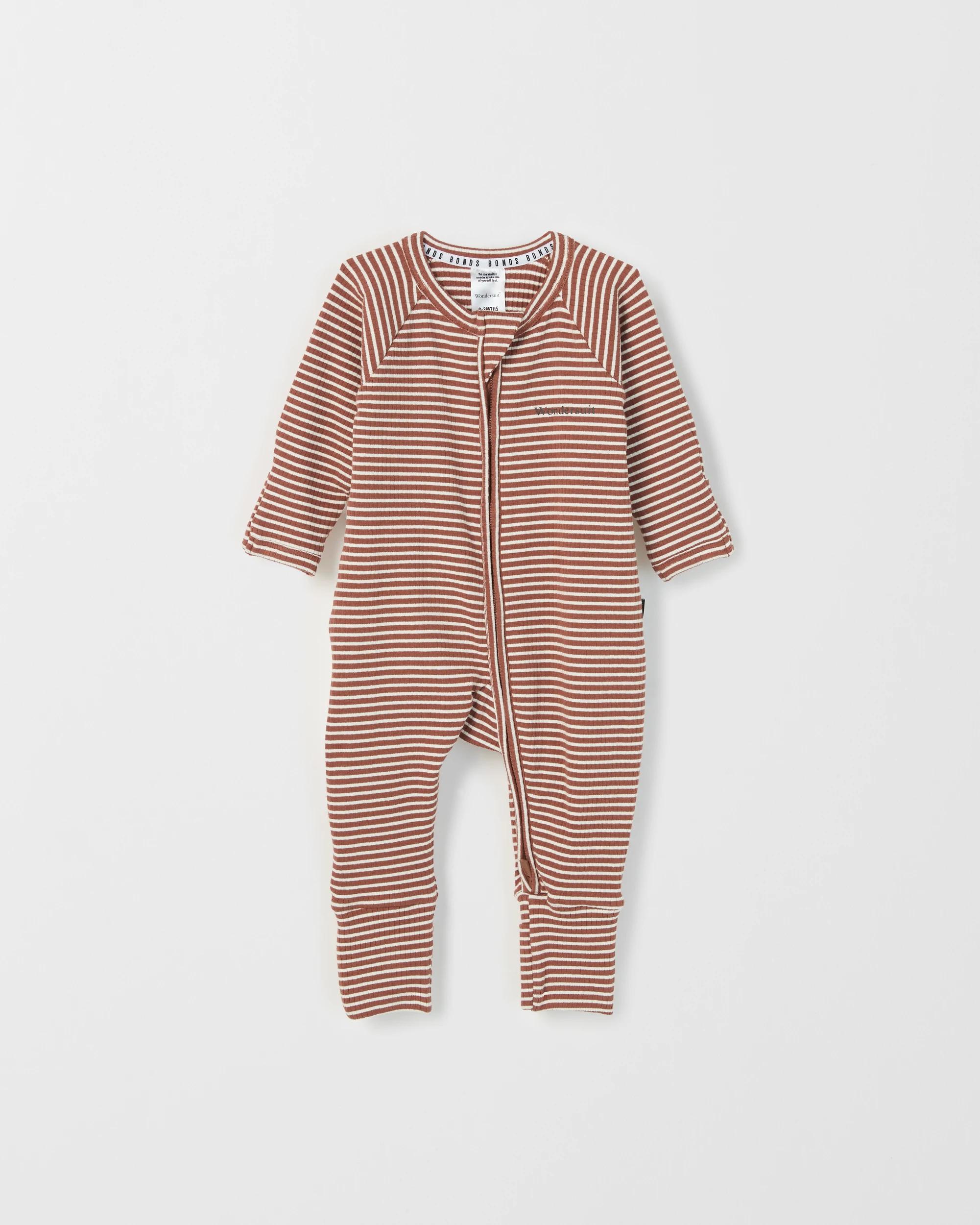 1 Bonds Australian Cotton Baby Ribbed Zippy Coverall BROWN EARTH STRIPE, 1 of 2