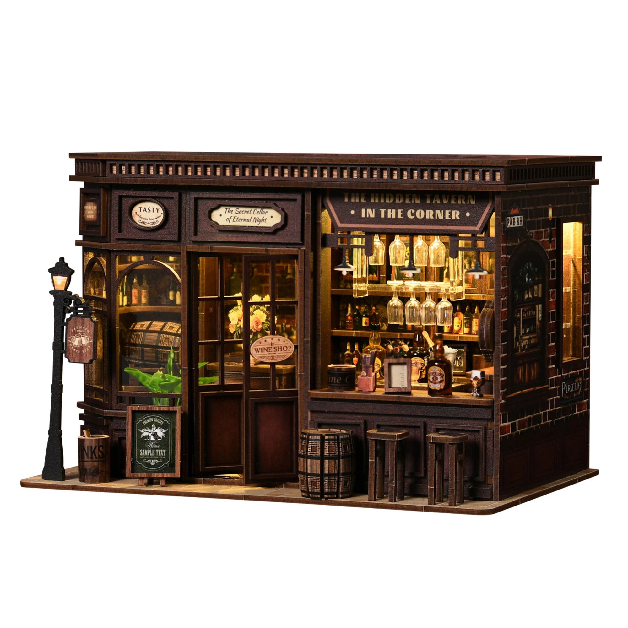 1 BoPeep Book Nook Kit Vintage Tavern with Warm LED Light for Shelf Decor Walnut, 1 of 8