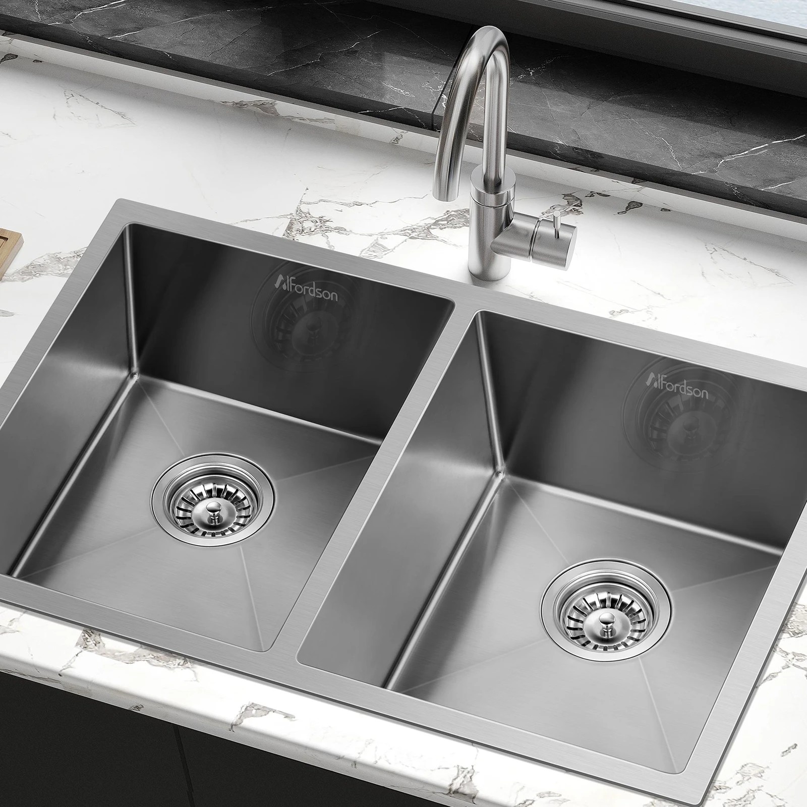 2 Alfordson Kitchen Sink 77x45cm Stainless Steel Basin Double Bowl - Silver, 2 of 8