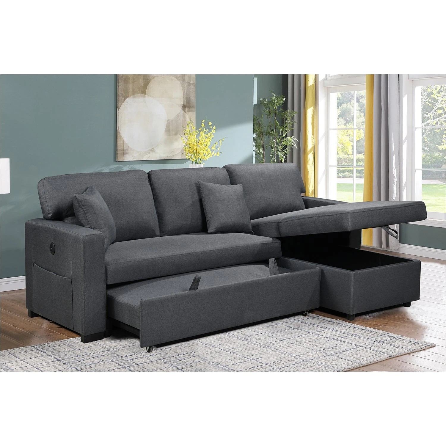3 Foret 3 Seater Modular Sofa Bed Corner Lounge Pullout Storage Usb Charcoal, 3 of 9