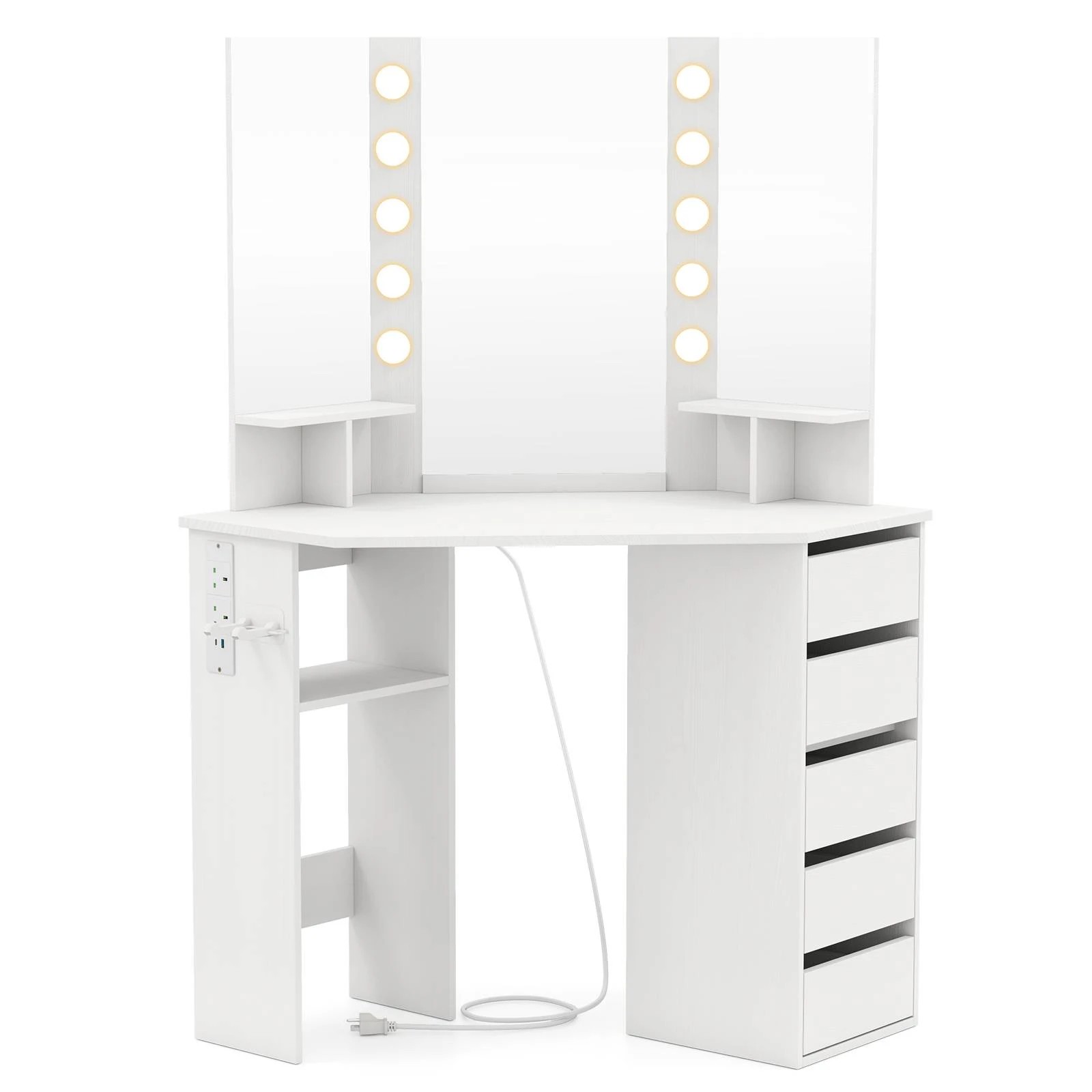 1 Costway Corner Vanity Desk w/Power Outlets & Drawers Makeup Dressing Table, 1 of 4
