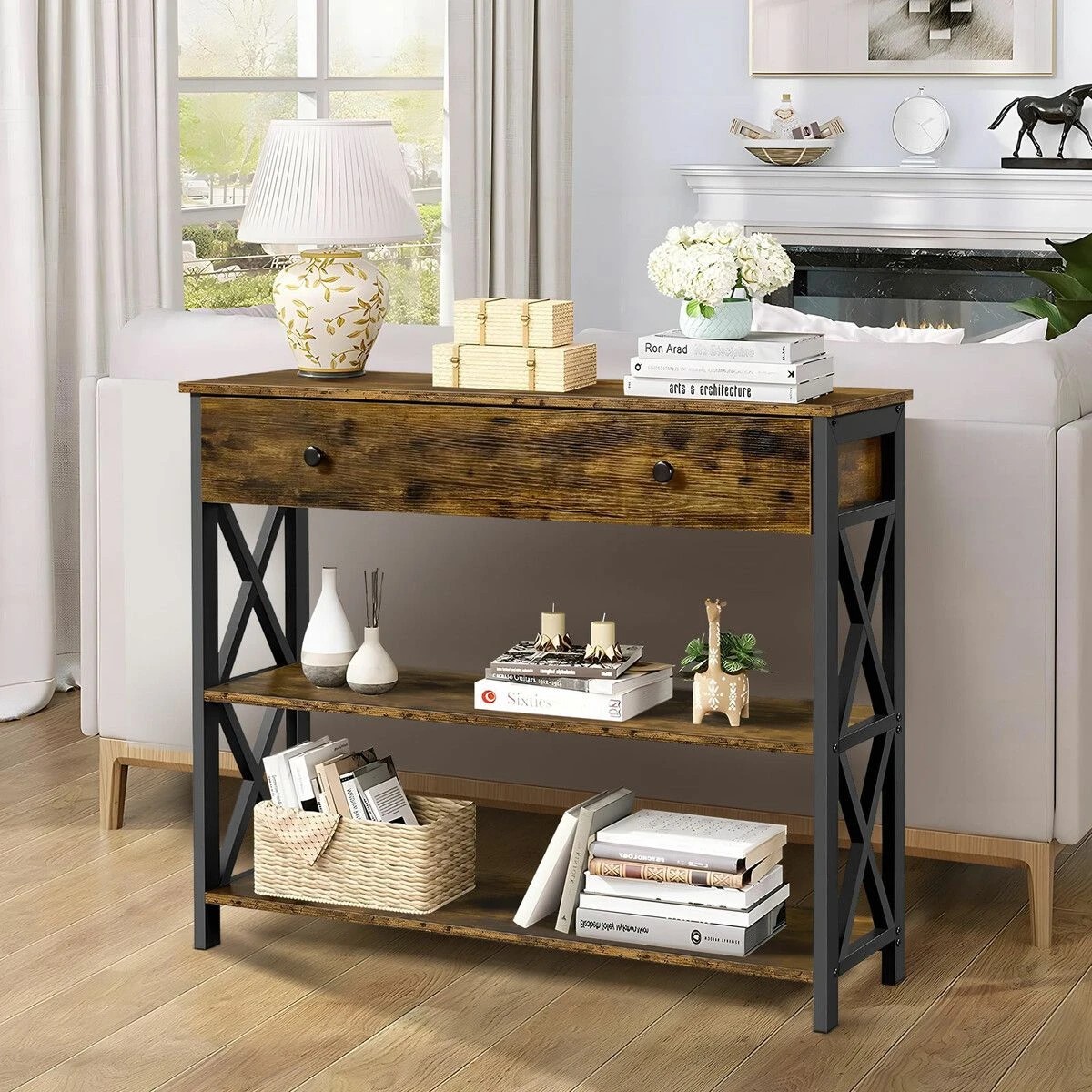6 LUXSUITE Industrial Console Table with Drawer Hall Entryway, 6 of 8