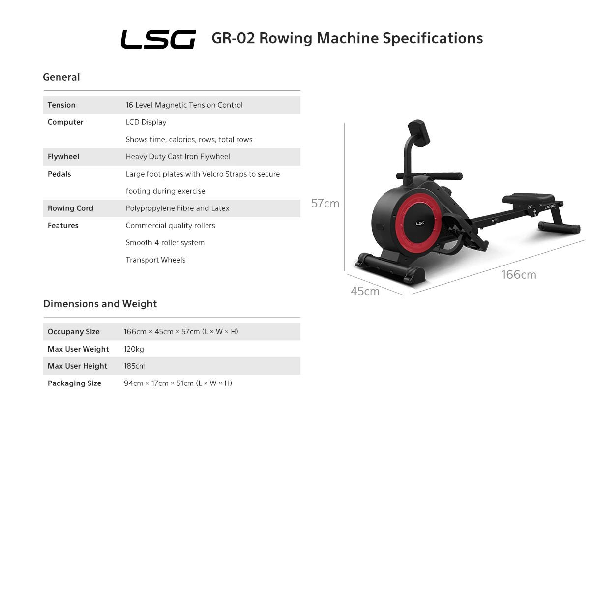 8 LSG Fitness GR-02 Magnetic Rowing Machine - Black, 8 of 8