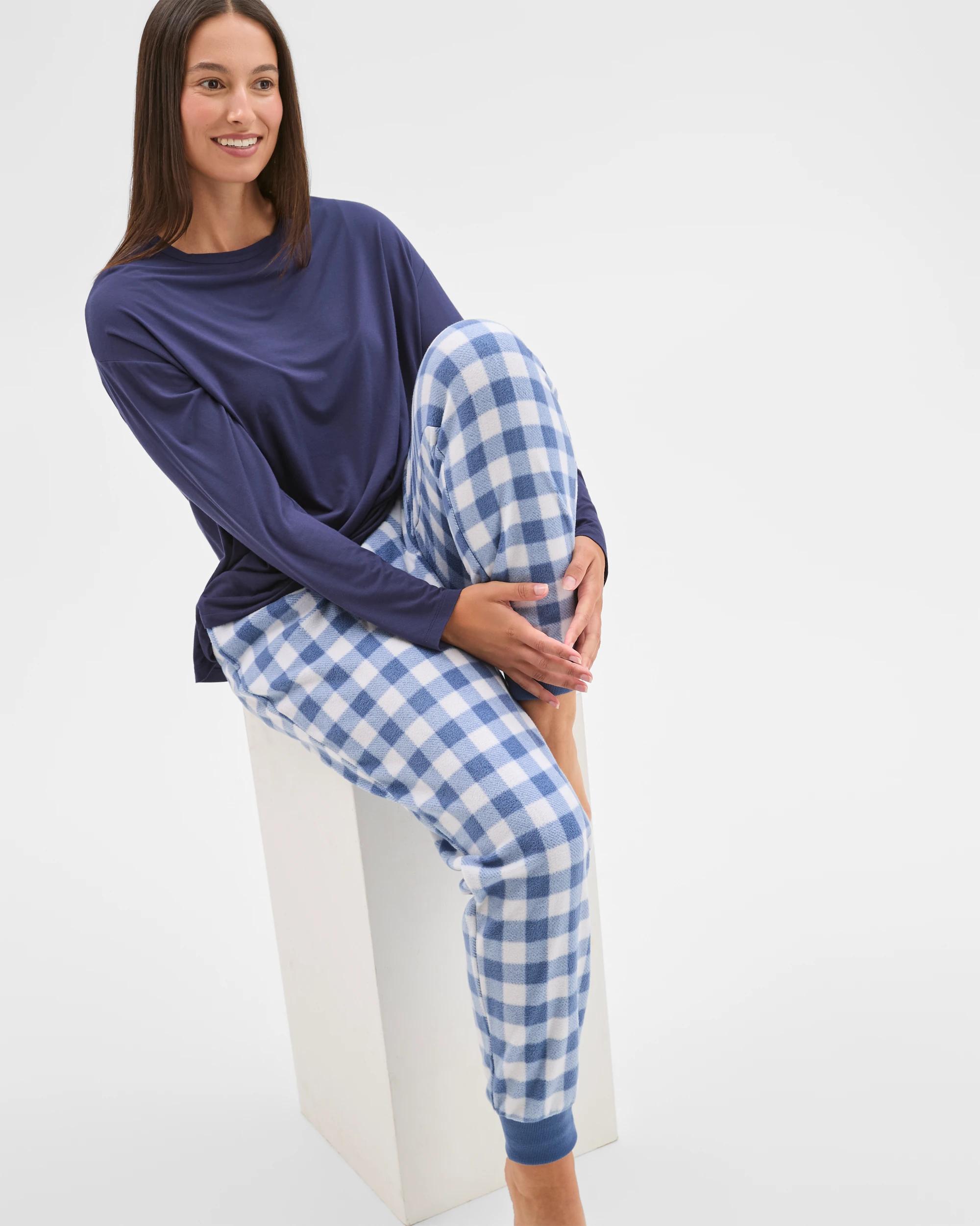 2 Target Woman Fleece Sleep Pyjama Jogger Pants GINGHAM BLUE, 2 of 7