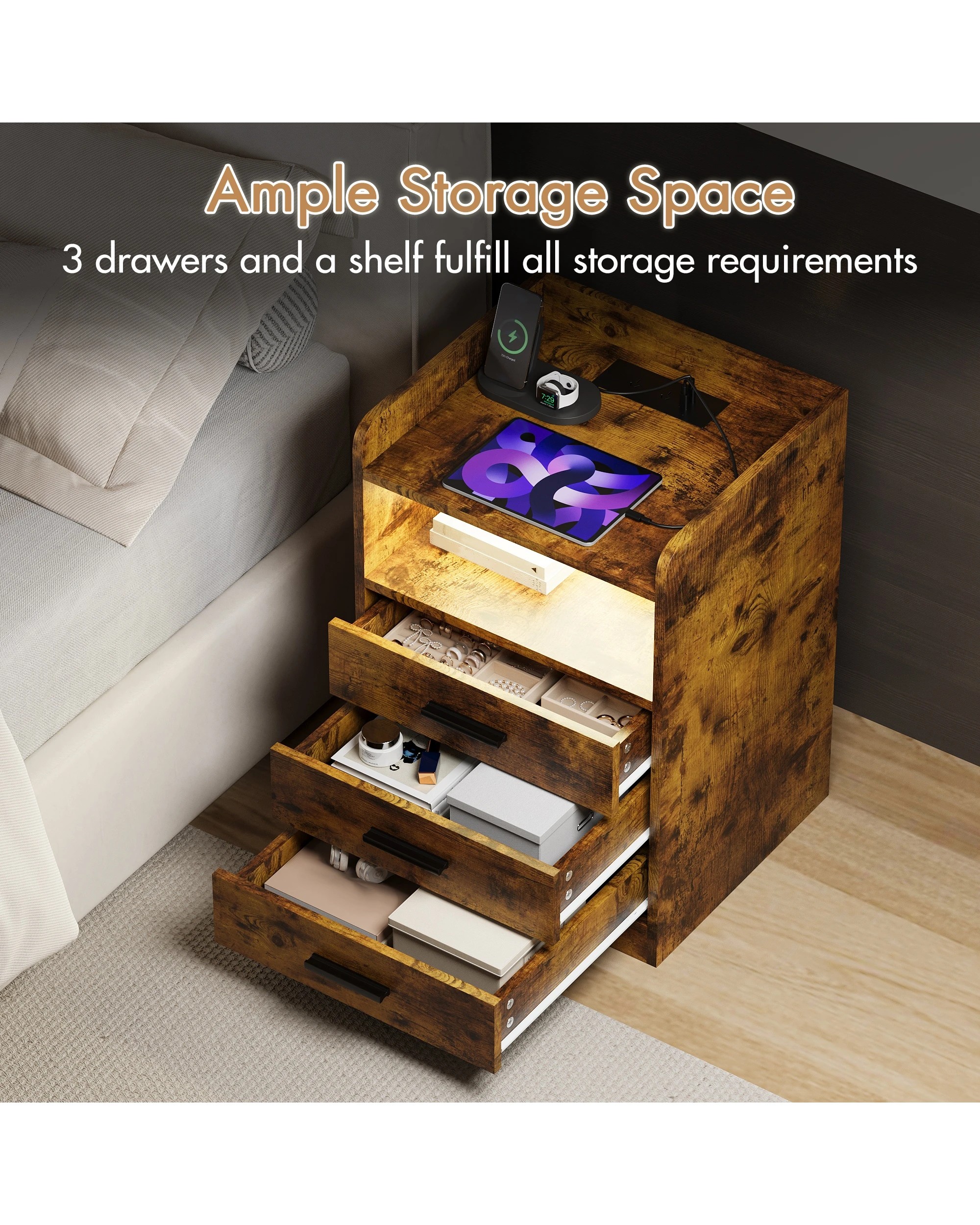 9 Advwin Bedside Table Set Of 2 Rgb Led Light Charging Station 3 Drawers - Brown, 9 of 9
