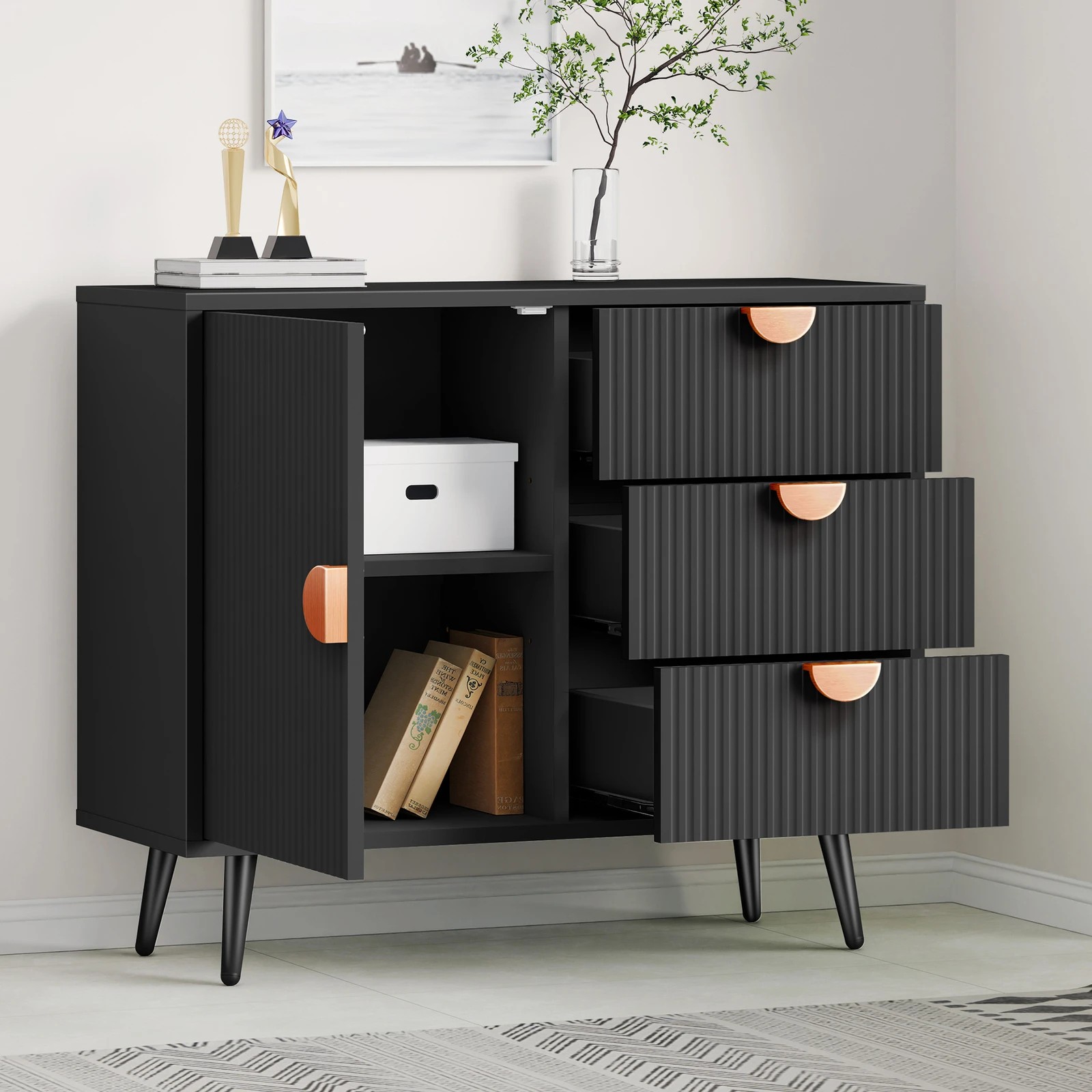 4 Alfordson Buffet Sideboard Cabinet Storage Cupboard Kitchen Doors Drawers - Black, 4 of 10