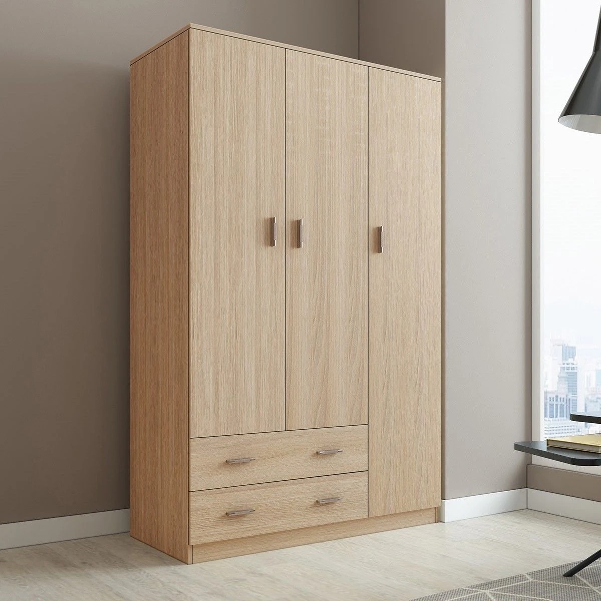 2 Ausway Wood Oak Wardrobe Cabinet Storage Organiser 3 Doors 2 Drawers, 2 of 7