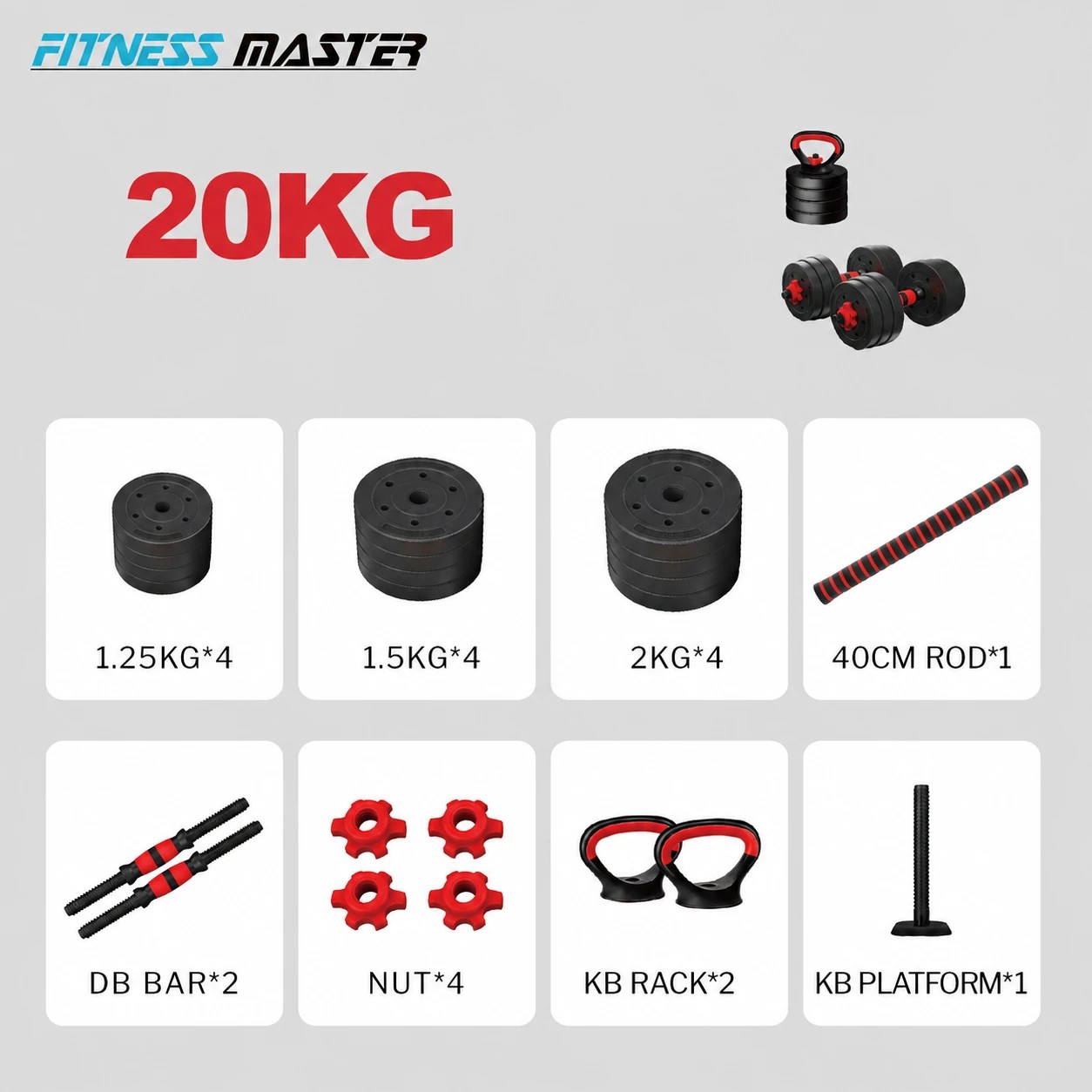 2 Fitness Master 20kg 7in1 Adjustable Dumbbell Barbell Kettlebell Set Home Gym, 2 of 10