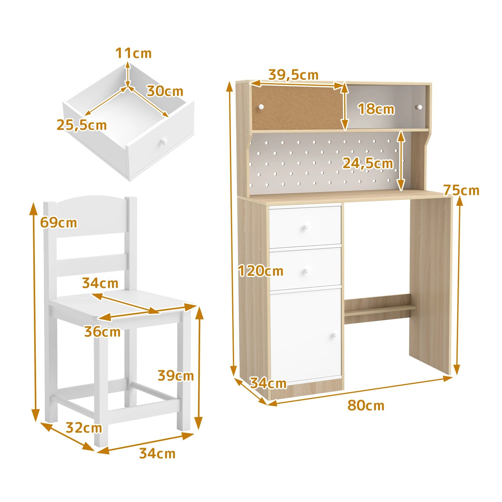 3 Costway Wooden Desk Chair Set Study Writing Table w/Pegboard, 3 of 4
