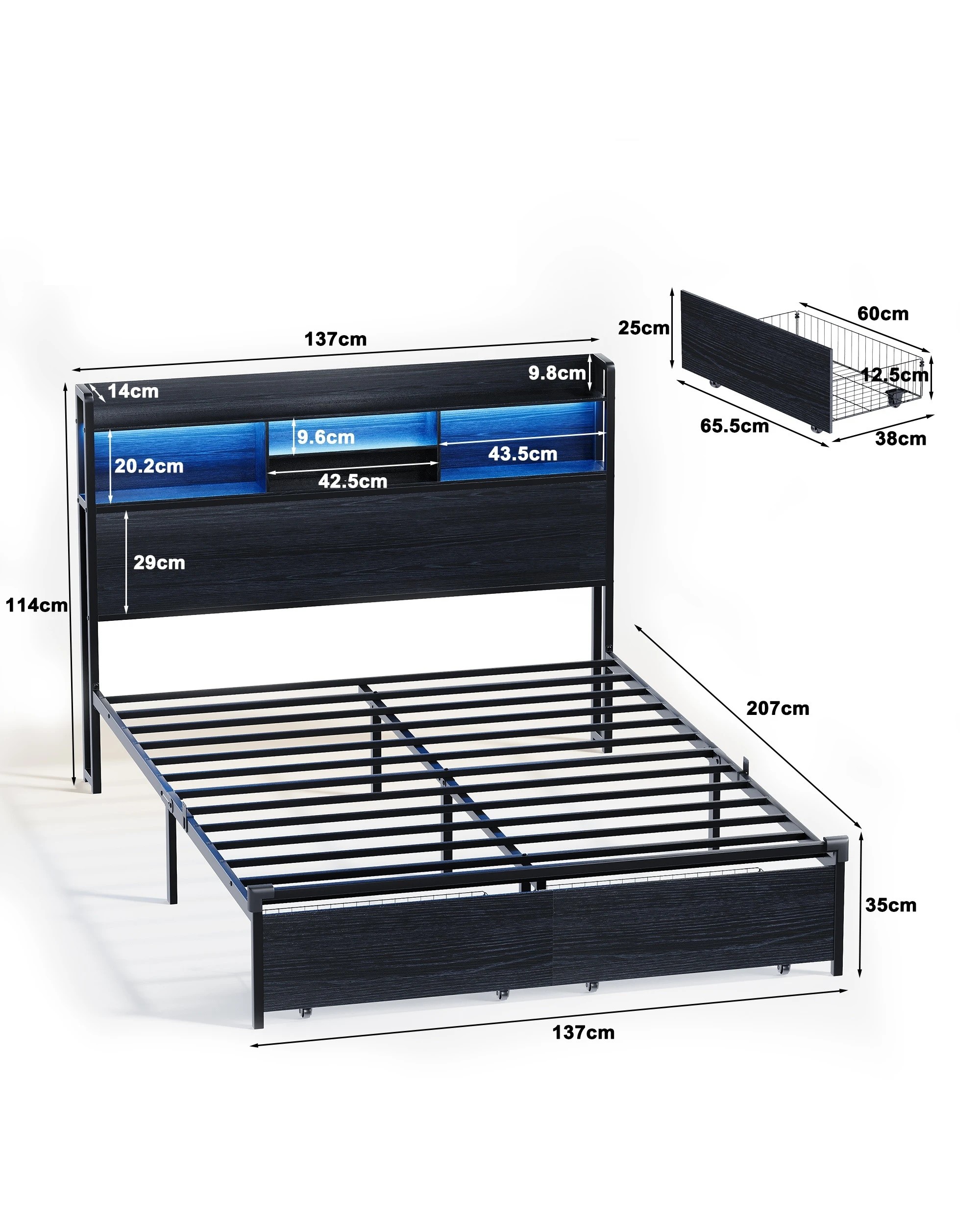 2 Advwin Double Bed Frame With 2 Drawers Led Light & Charging Station Black, 2 of 7