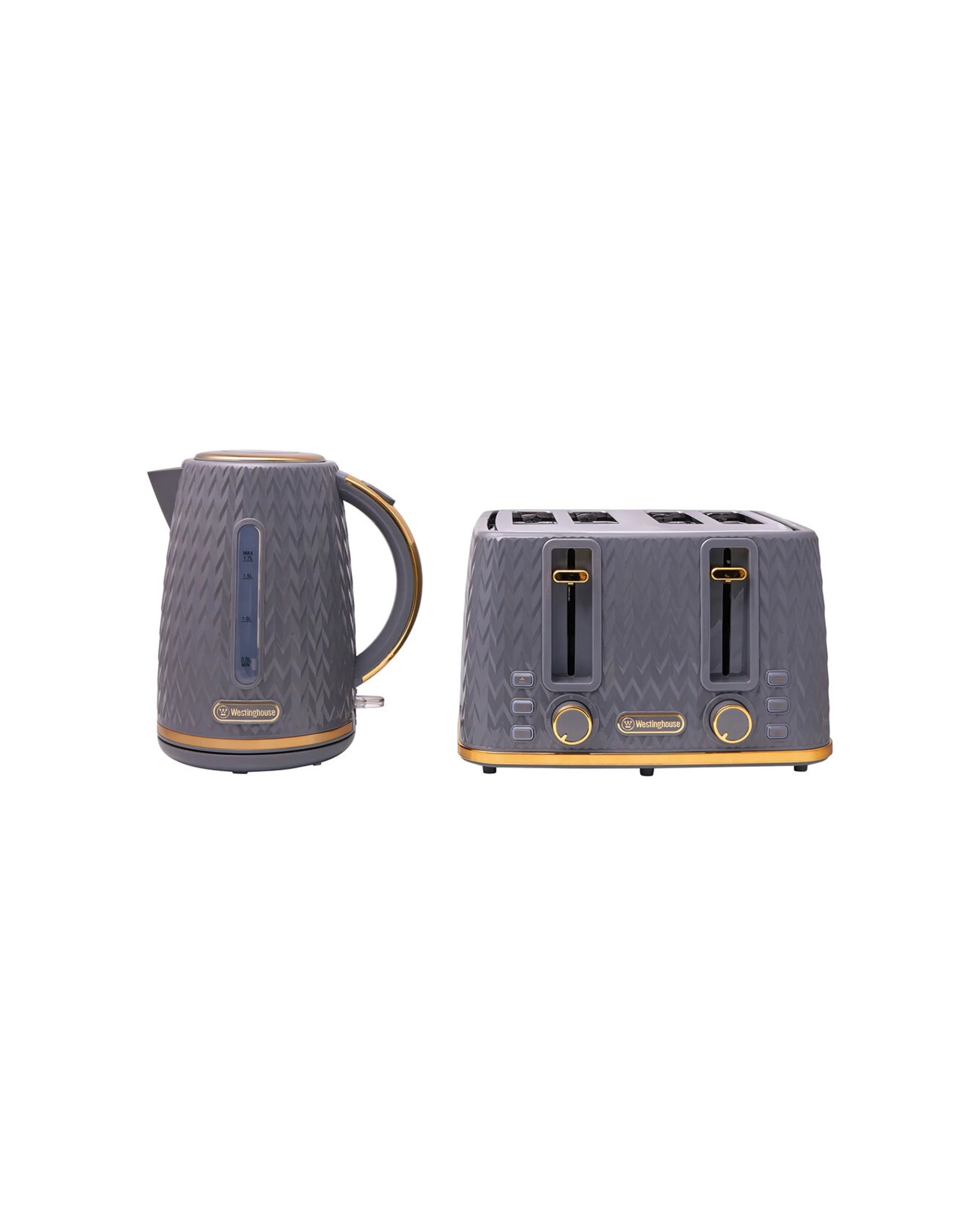 1 Westinghouse 1.7l Kettle & 4 Slice Toaster Pack Grey/gold Zig Zag Pattern
 - Grey, 1 of 7