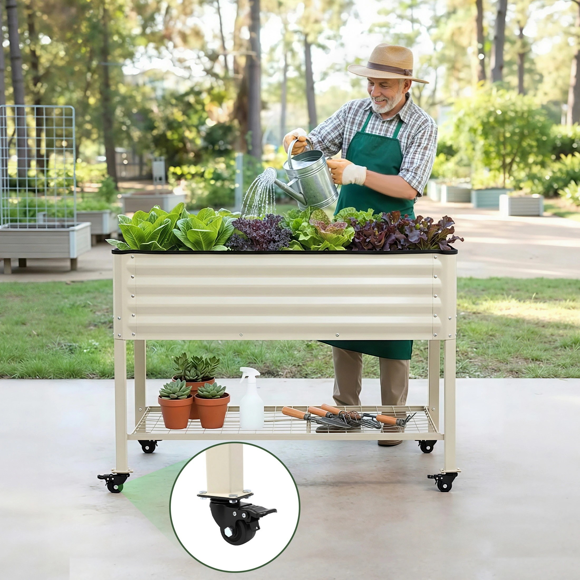 4 Green Fingers Mobile Raised Garden Bed With Wheel Storage Shelf 81cm Height for Vegetables Herb - White, 4 of 8