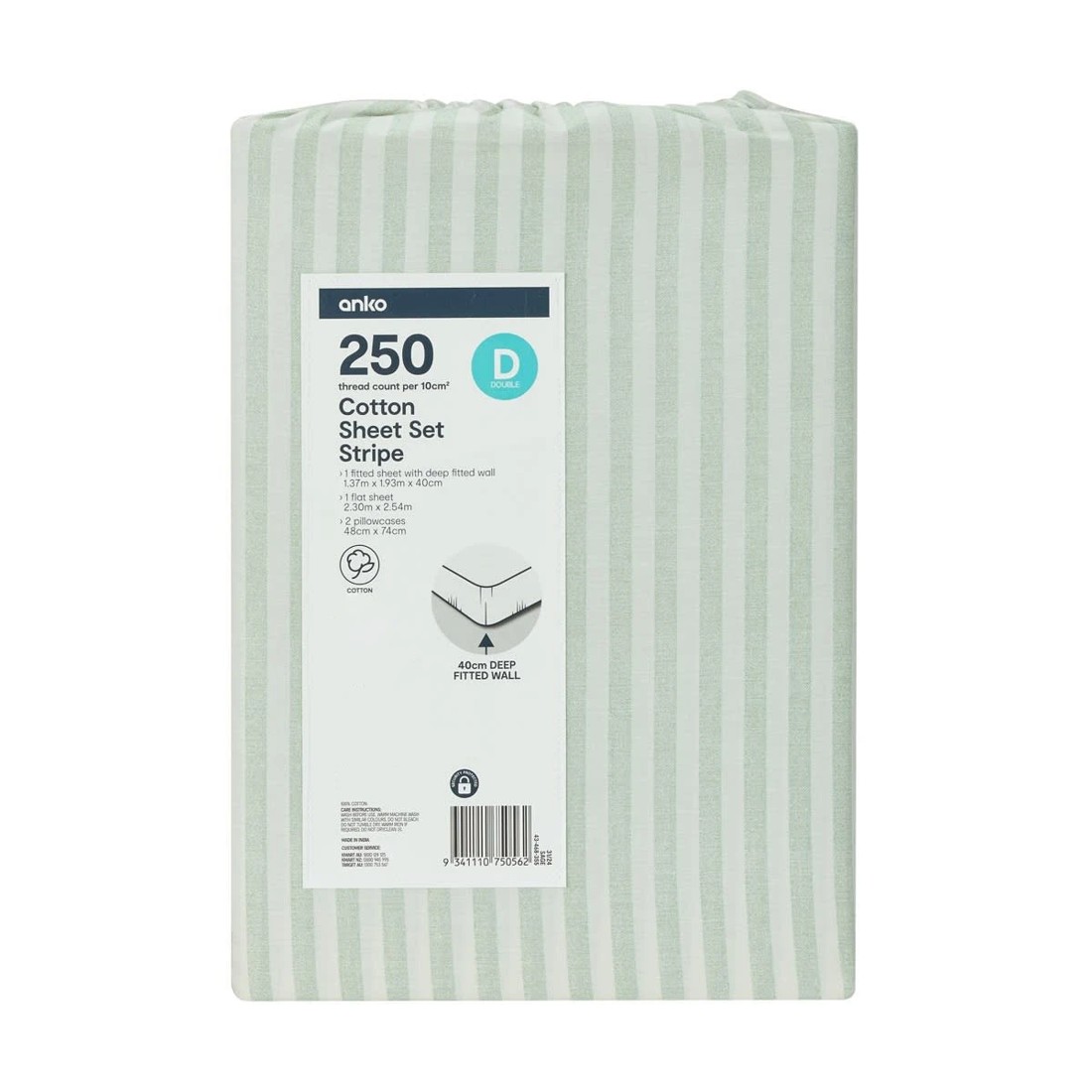 7 250 Thread Count Stripe Cotton Sheet Set - Double Bed, Sage, 7 of 7