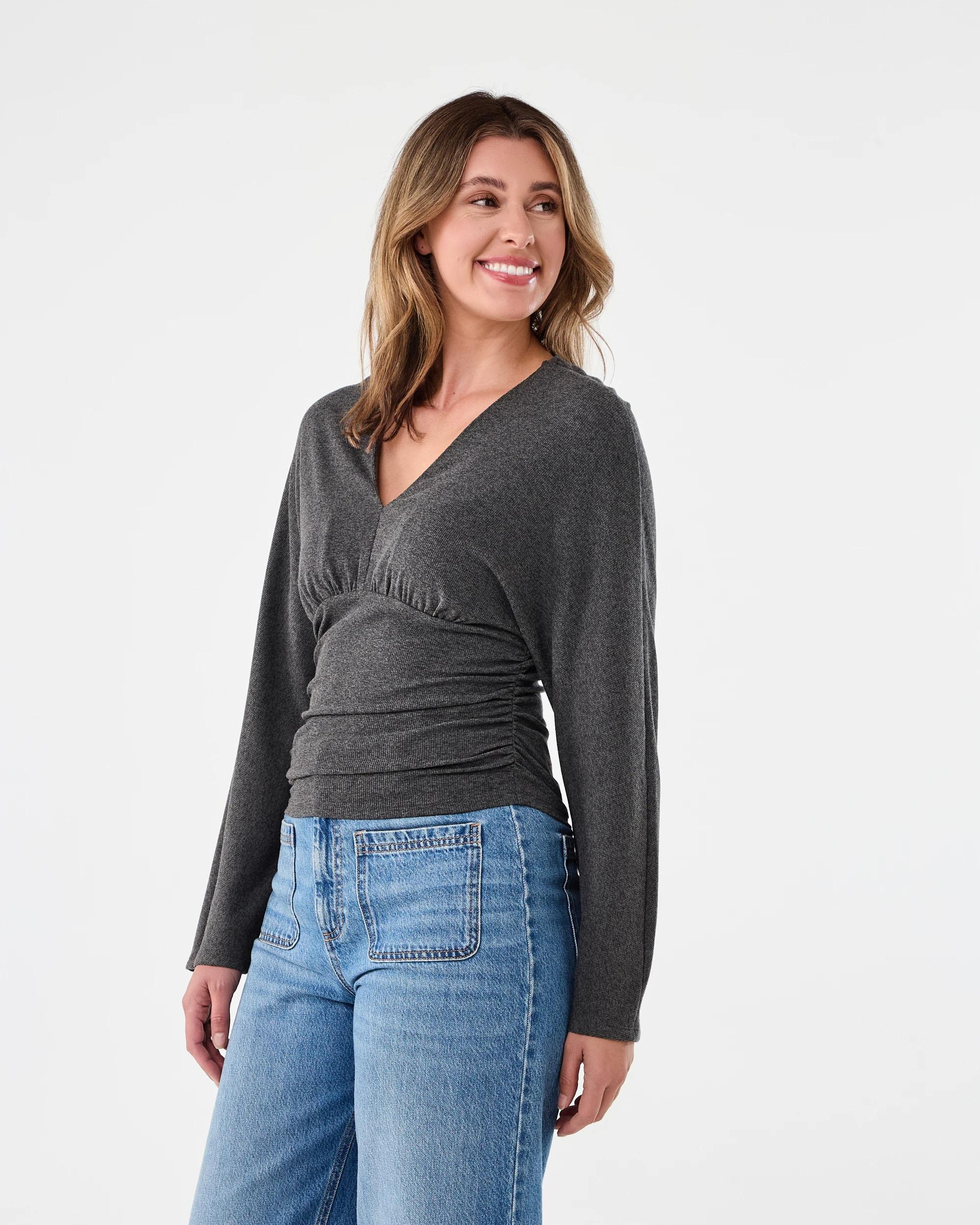 2 Long Sleeve V-Neck Ruched Top Gry Chmrle, 2 of 6