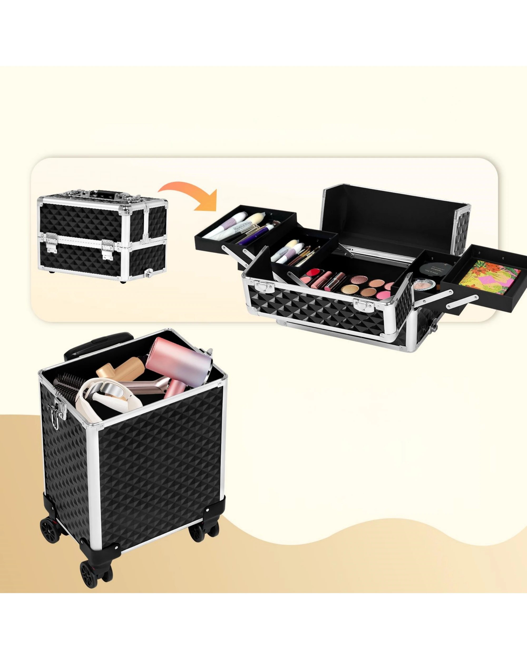 2 Advwin 4 in 1 Makeup Trolley Case Rolling Large Capacity - Black, 2 of 7