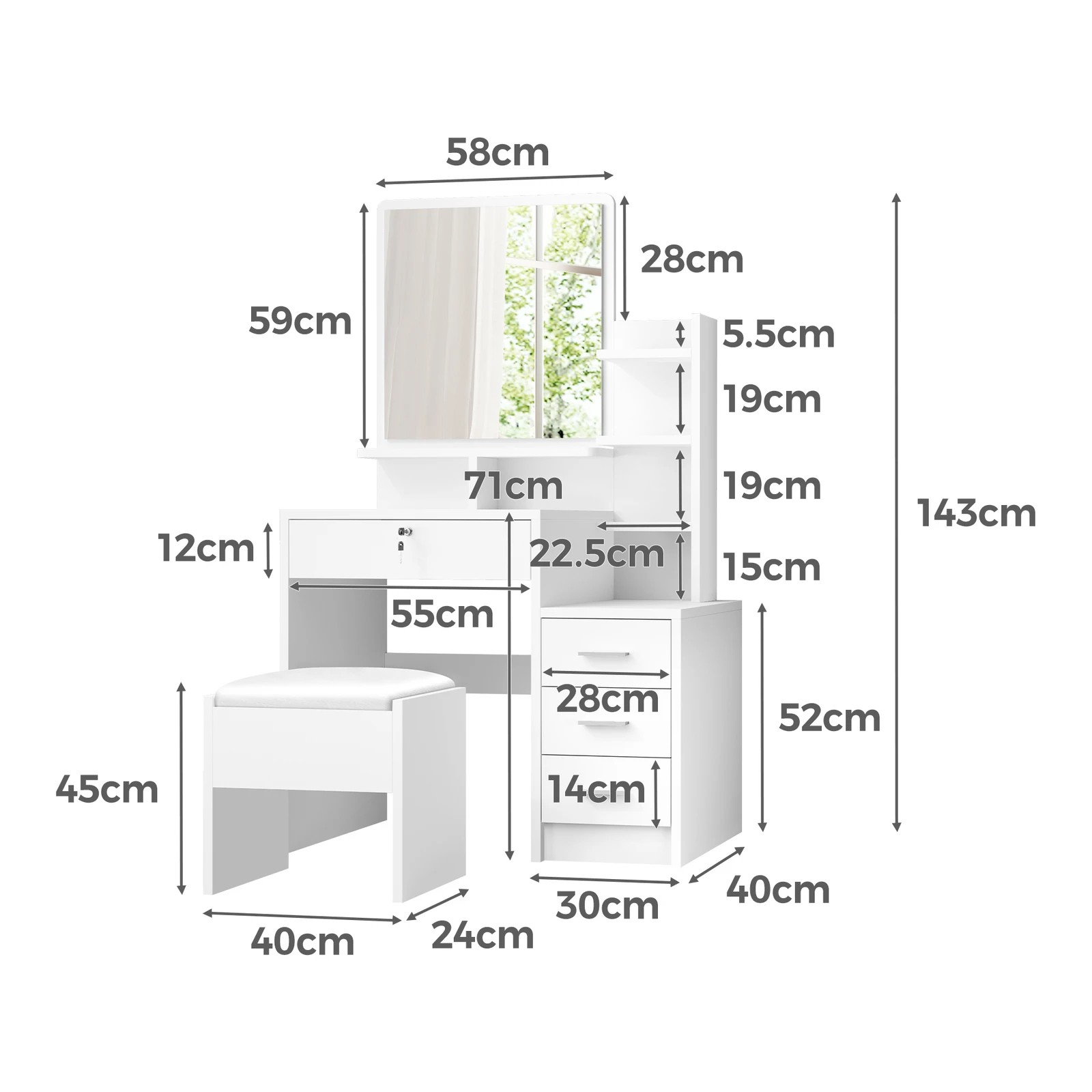 5 Alfordson Dressing Table Stool Set Makeup Mirror Drawers Vanity Desk - White, 5 of 10