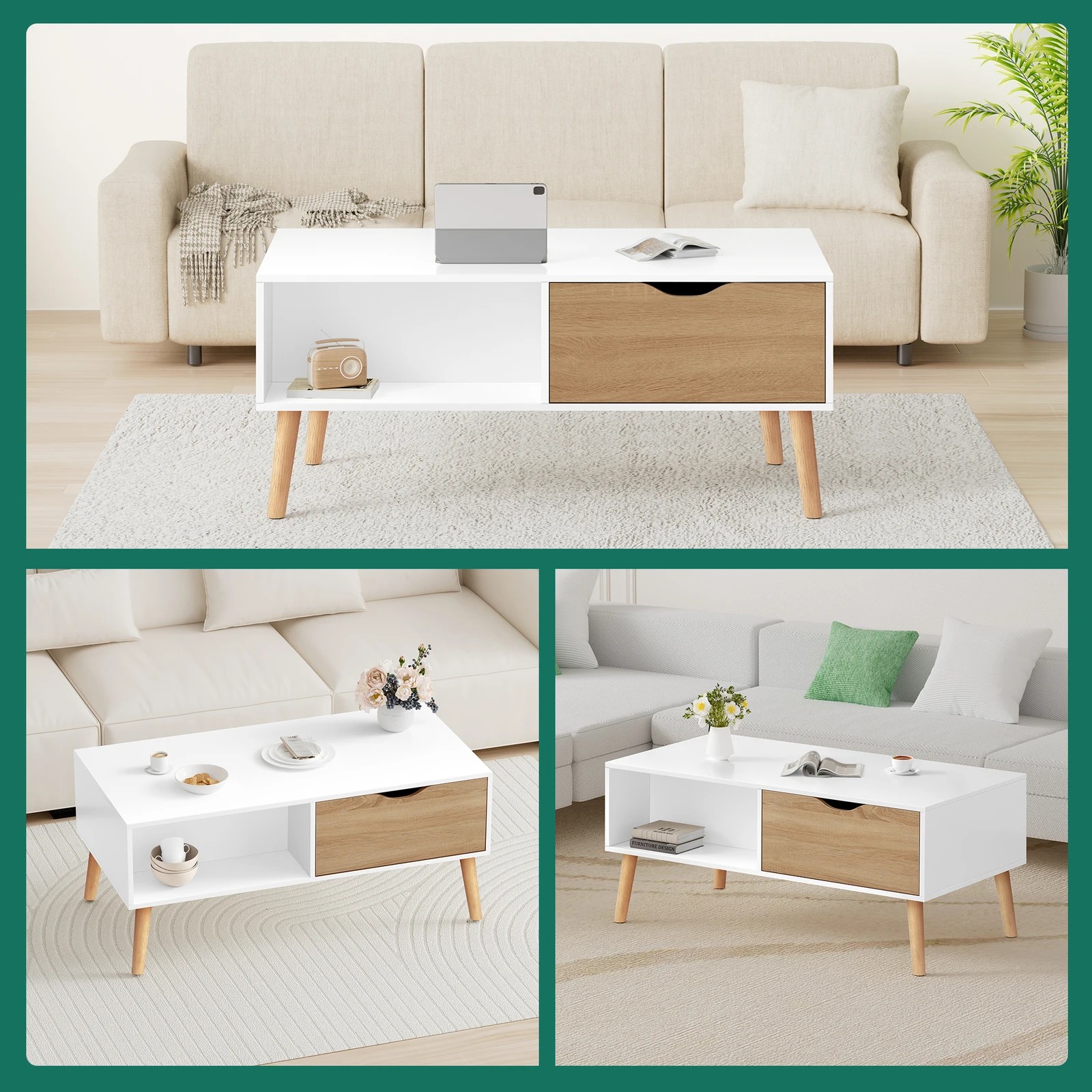 10 Alfordson Coffee Table Storage Tables 2 Drawers Shelf Modern Desk - Oak Whtie, 10 of 10