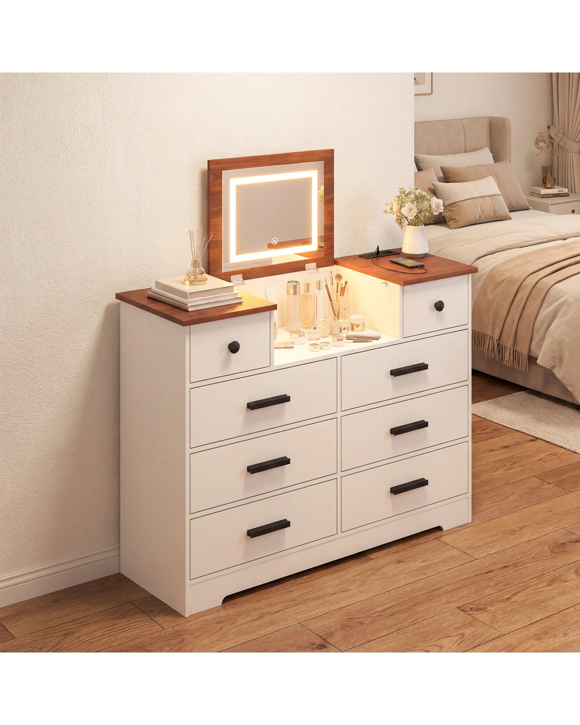 8 Advwin Dresser with Mirror Chest of Drawers with LED Lights and Charging Station - White, 8 of 10