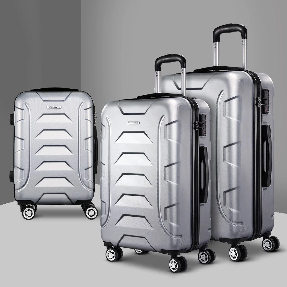 6 Wanderlite 3pc Luggage Trolley Travel Suitcase Set TSA Hard Case Shell Strap - Silver, 6 of 6