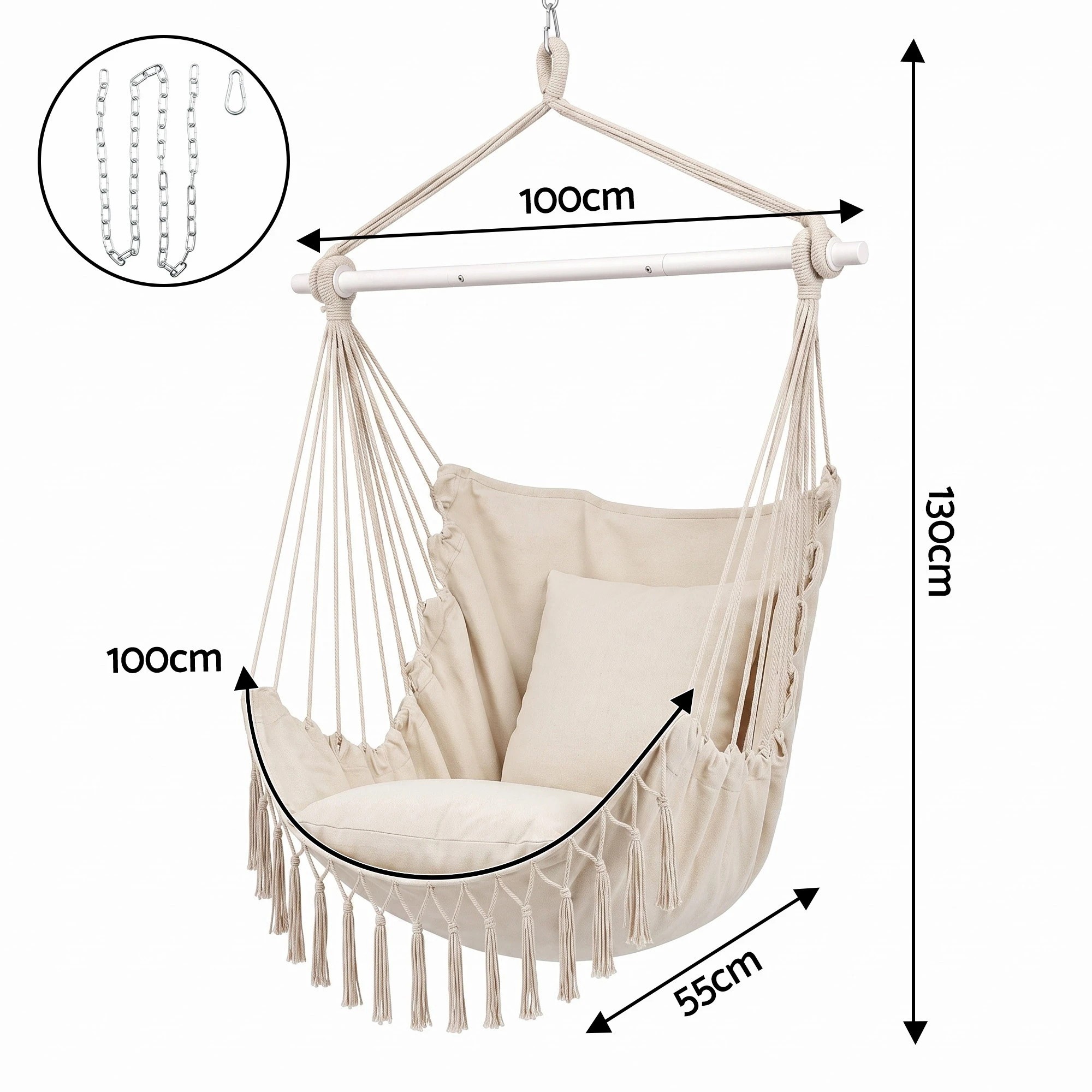 4 Gardeon Hammock Chair Camping Macrame Hanging Swing with Cushions Tassels 120kg Capacity - Beige, 4 of 8