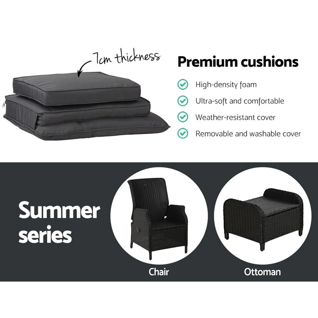 5 Gardeon 5PC Recliner Chairs Table Sun lounge Wicker Outdoor Furniture Adjustable - Black, 5 of 5
