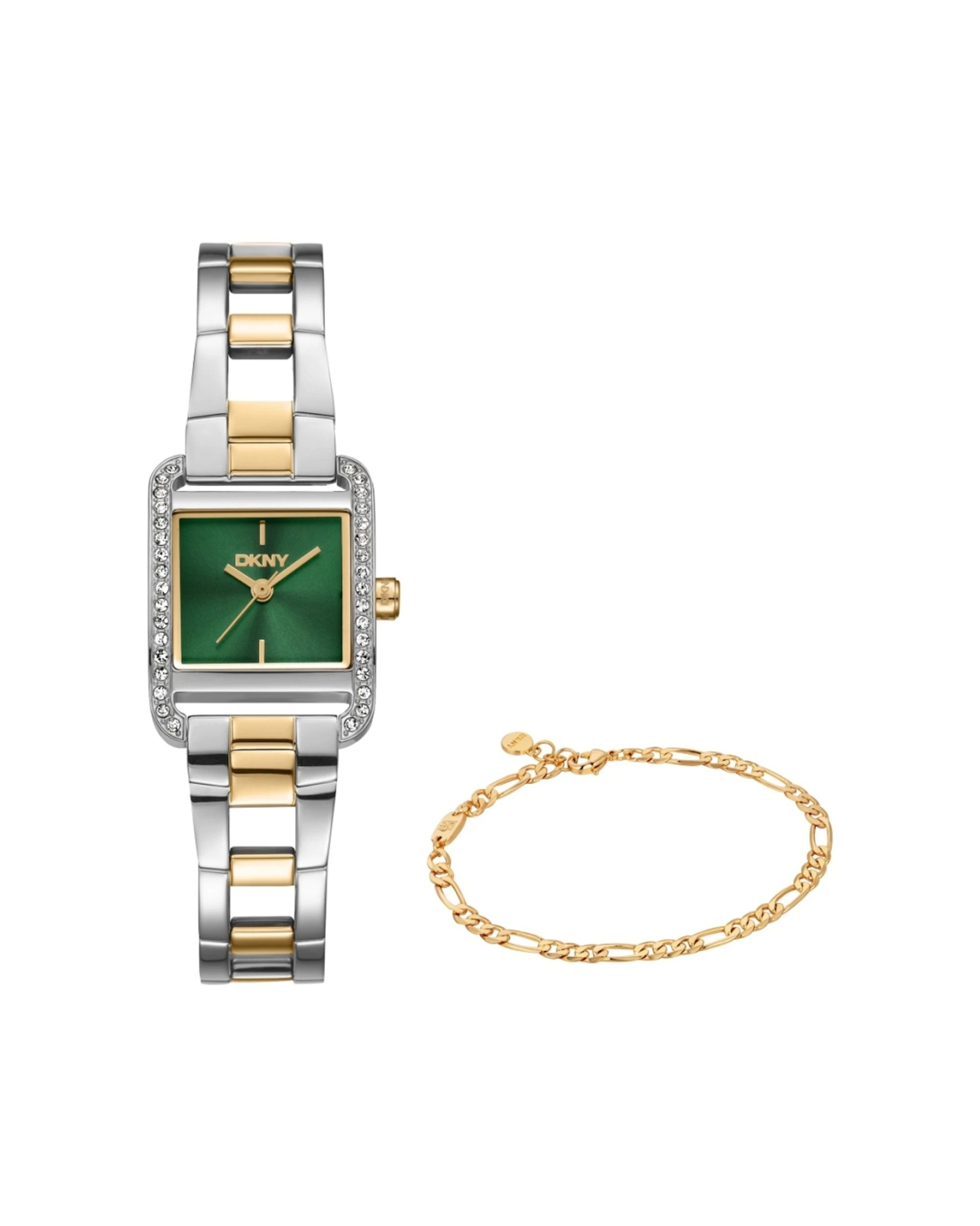 1 DKNY Mini Women's Gold Silver Two-Tone Watch Green Dial 21x27mm With Bracelet 19cm+1cm, 1 of 4