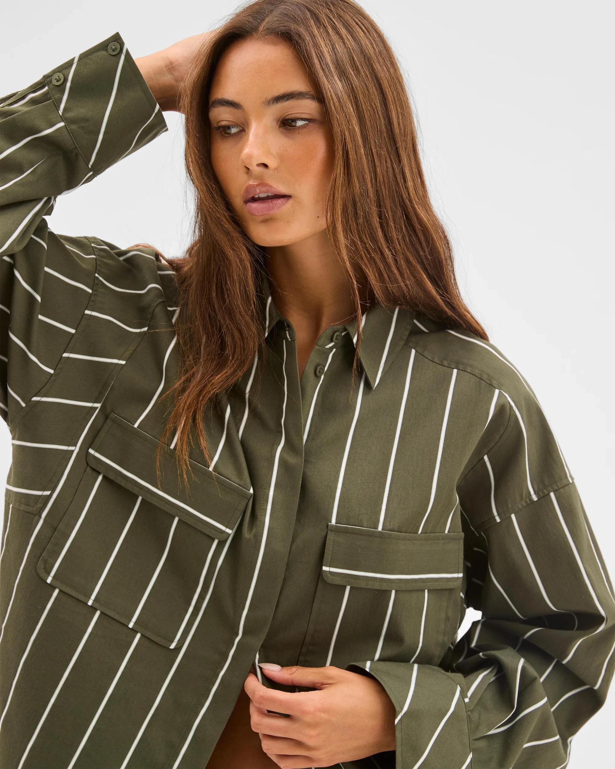 4 Lily Loves Australian Cotton Blend Oversized Shirt GREEN STRIPE, 4 of 7