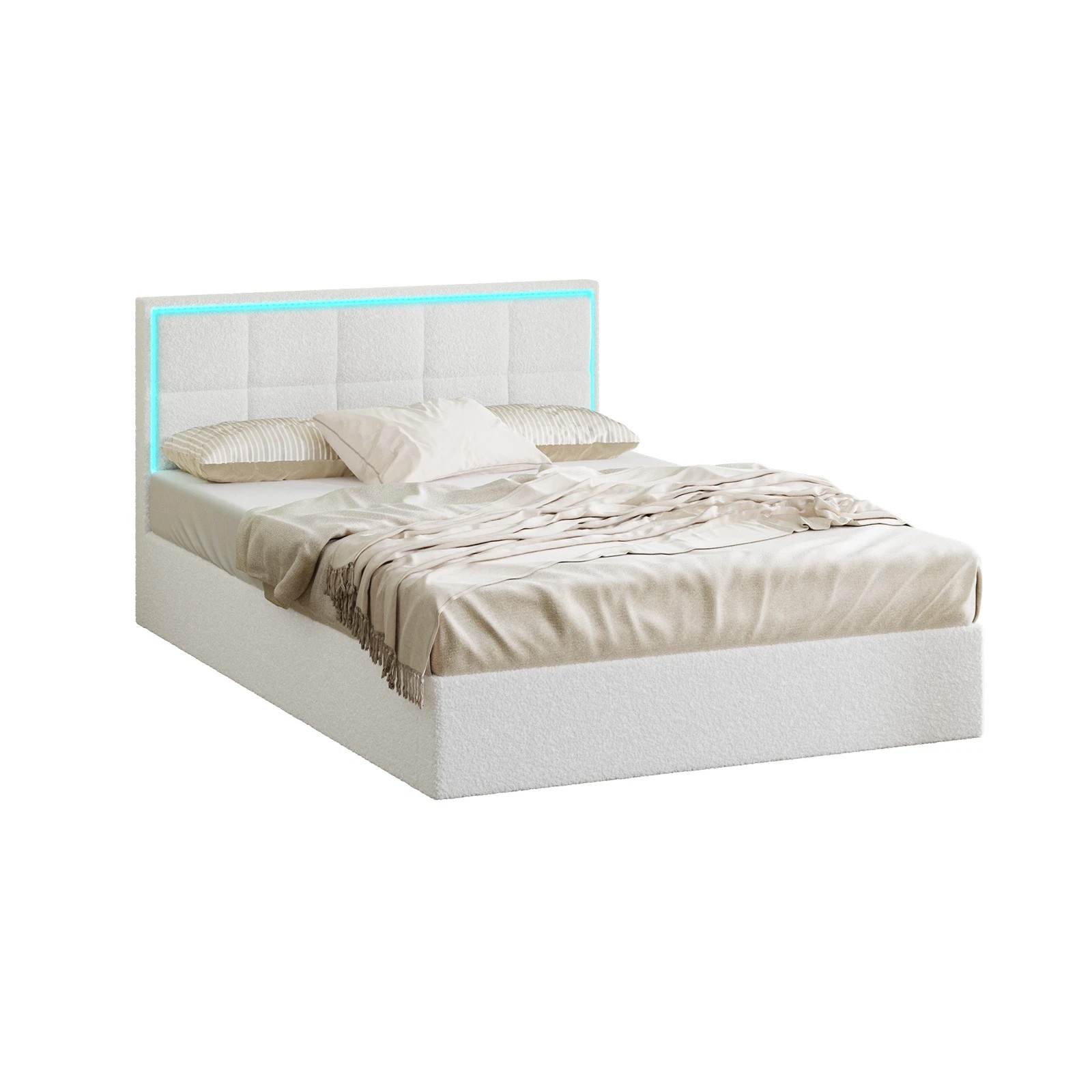 1 Oikiture Bed Frame Double Size RGB LED Gas Lift Storage Base Boucle - White, 1 of 9