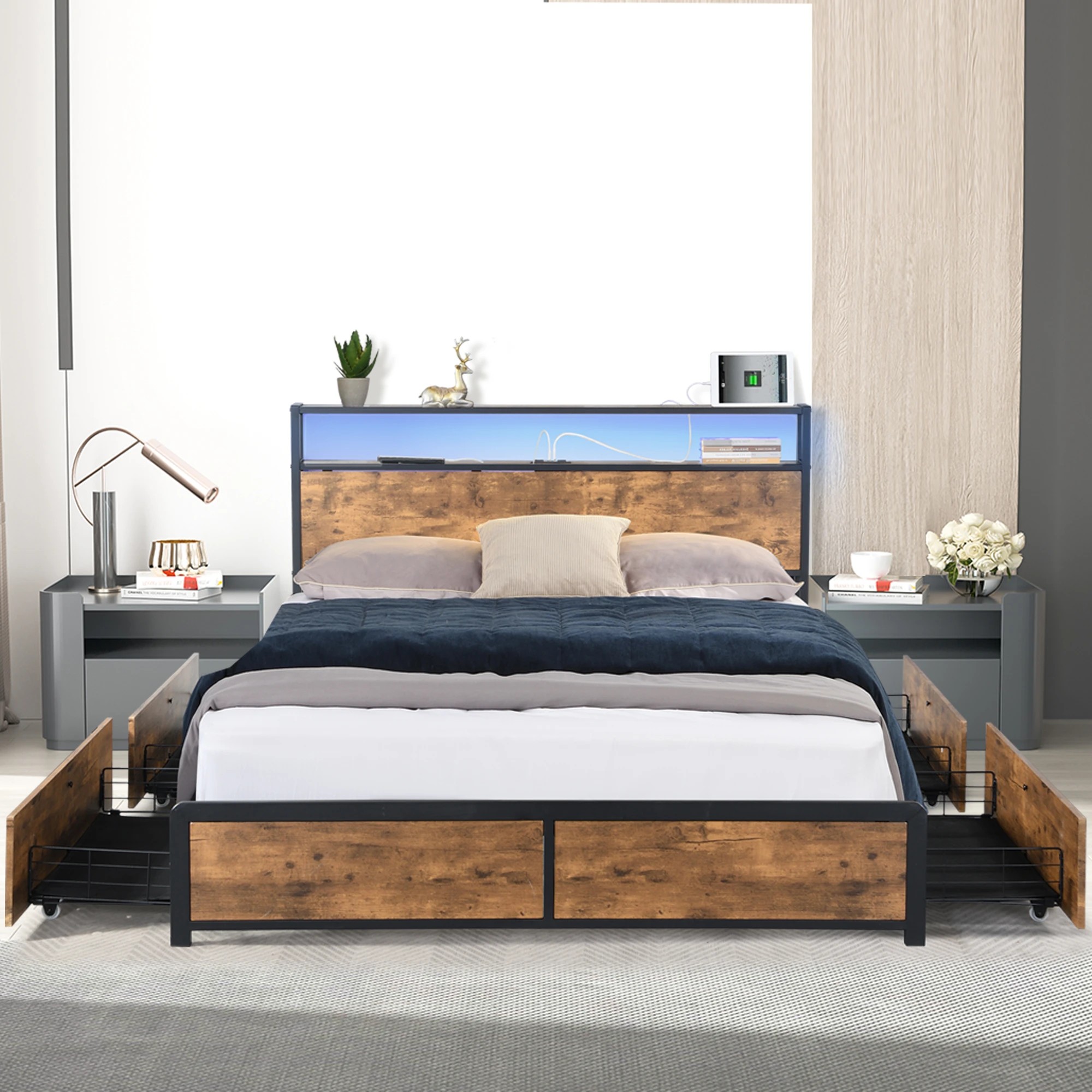 5 Levede Double Size Industrial Bed Frame with Drawers Light and Charging Station in Dark Grey, 5 of 6