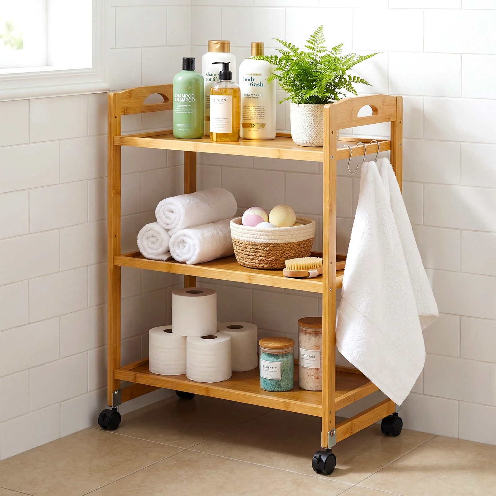 4 Costway 3-Tier Storage Rolling Cart Bamboo Utility Trolley - Natural, 4 of 4