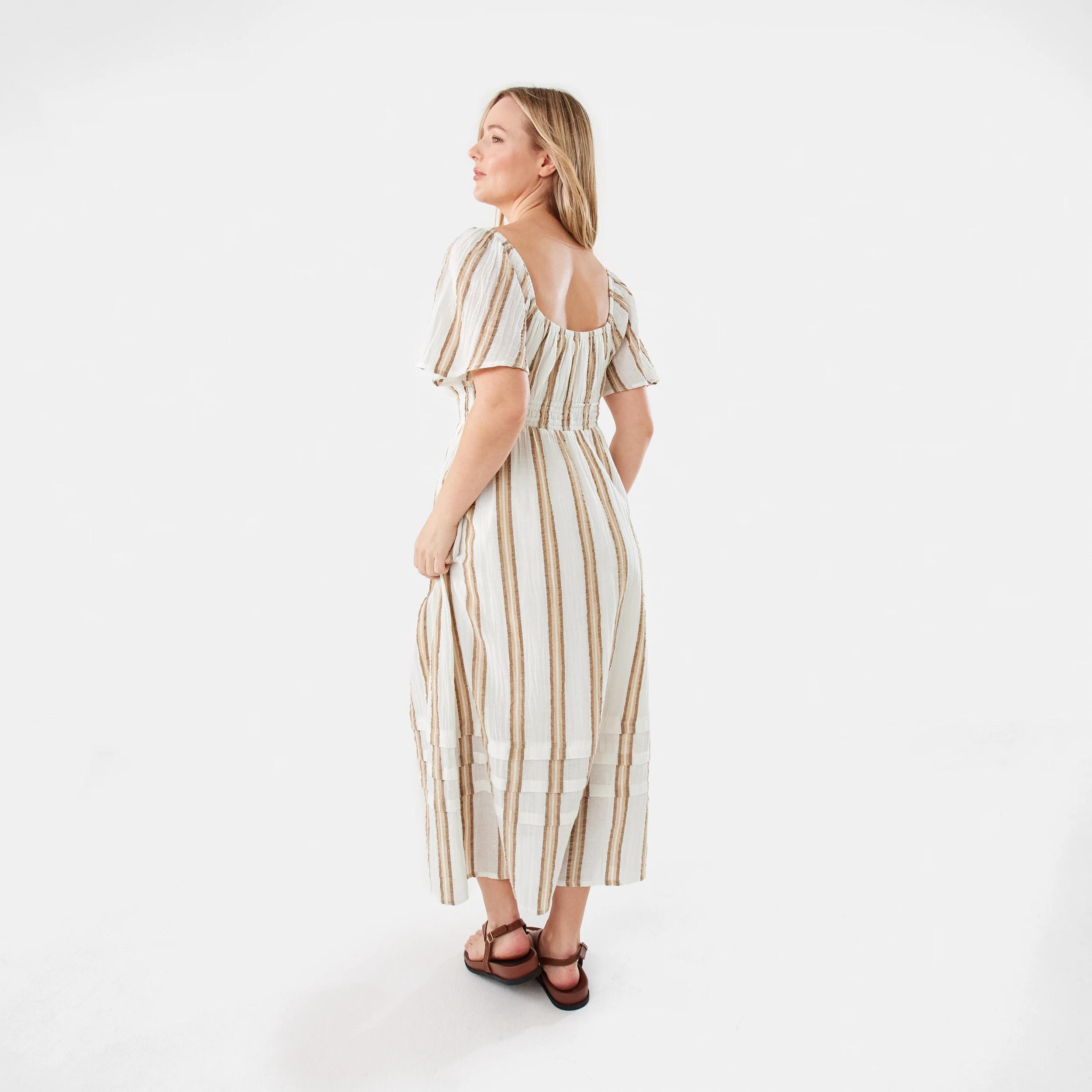 3 Short Sleeve Tie Front Midi Dress Beige Strp, 3 of 10