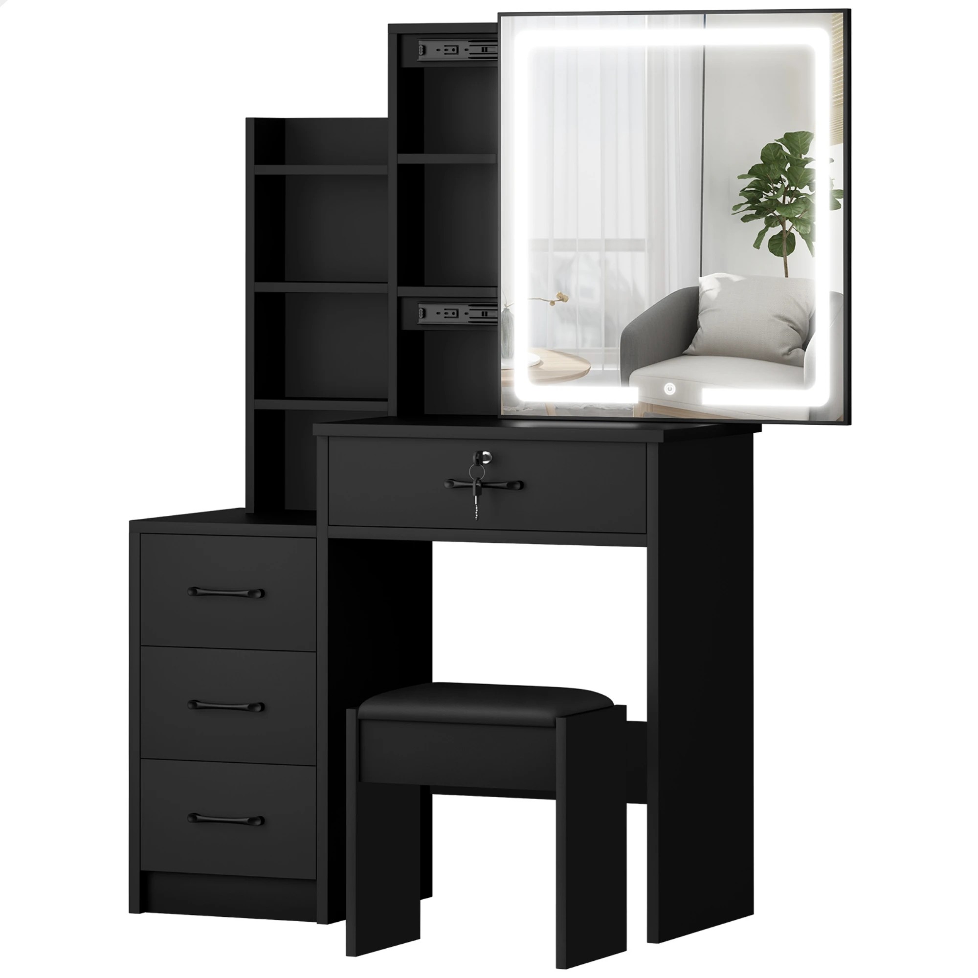 1 Alfordson Dressing Table Stool Set Makeup Mirror Vanity Desk Drawers - Black, 1 of 10