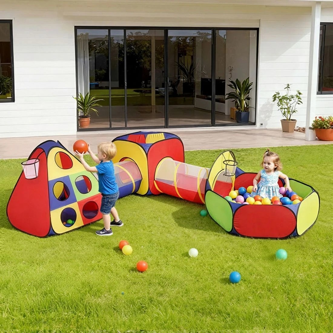 7 Keezi Kids Play Tent Pop Up Teepee Playhouse Ball Pit Crawl Tunnel Basketball Hoop - Multi, 7 of 8