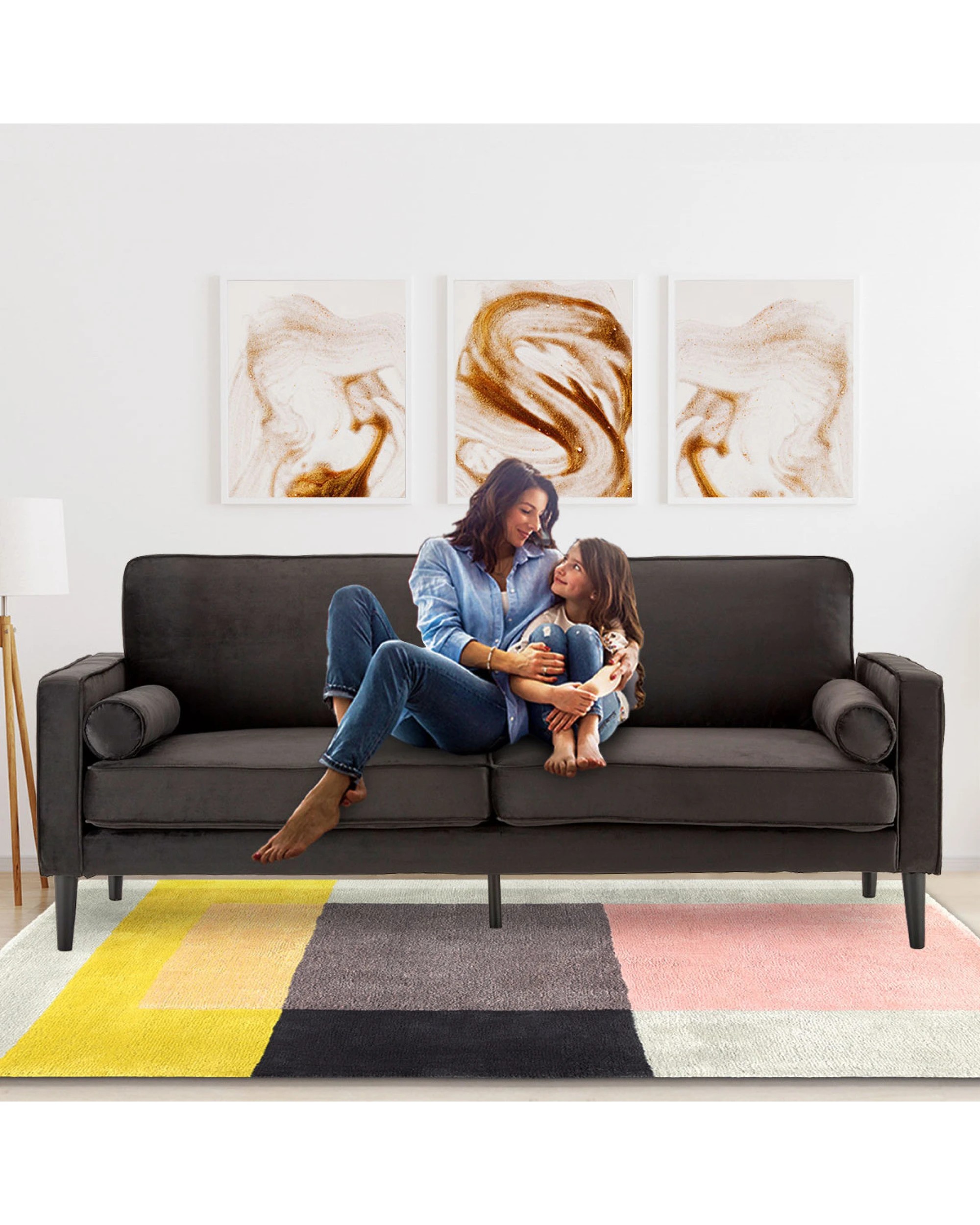 9 Sarantino Faux Velvet Sofa Bed Couch Furniture Lounge Suite - Black, 9 of 9