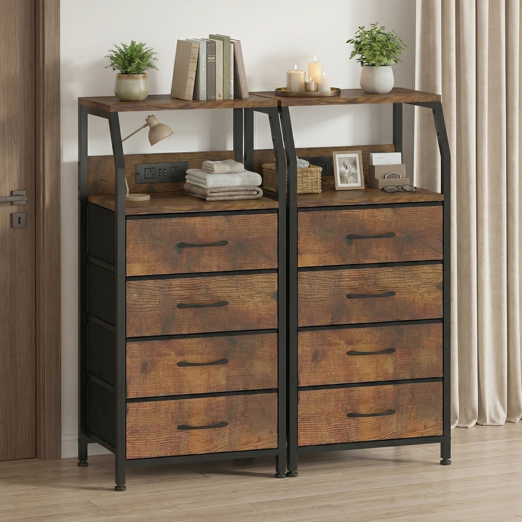 2 Advwin Set of 2 Bedside Table with Charging Station 4 Fabric Drawers Nightstand - Brown, 2 of 10