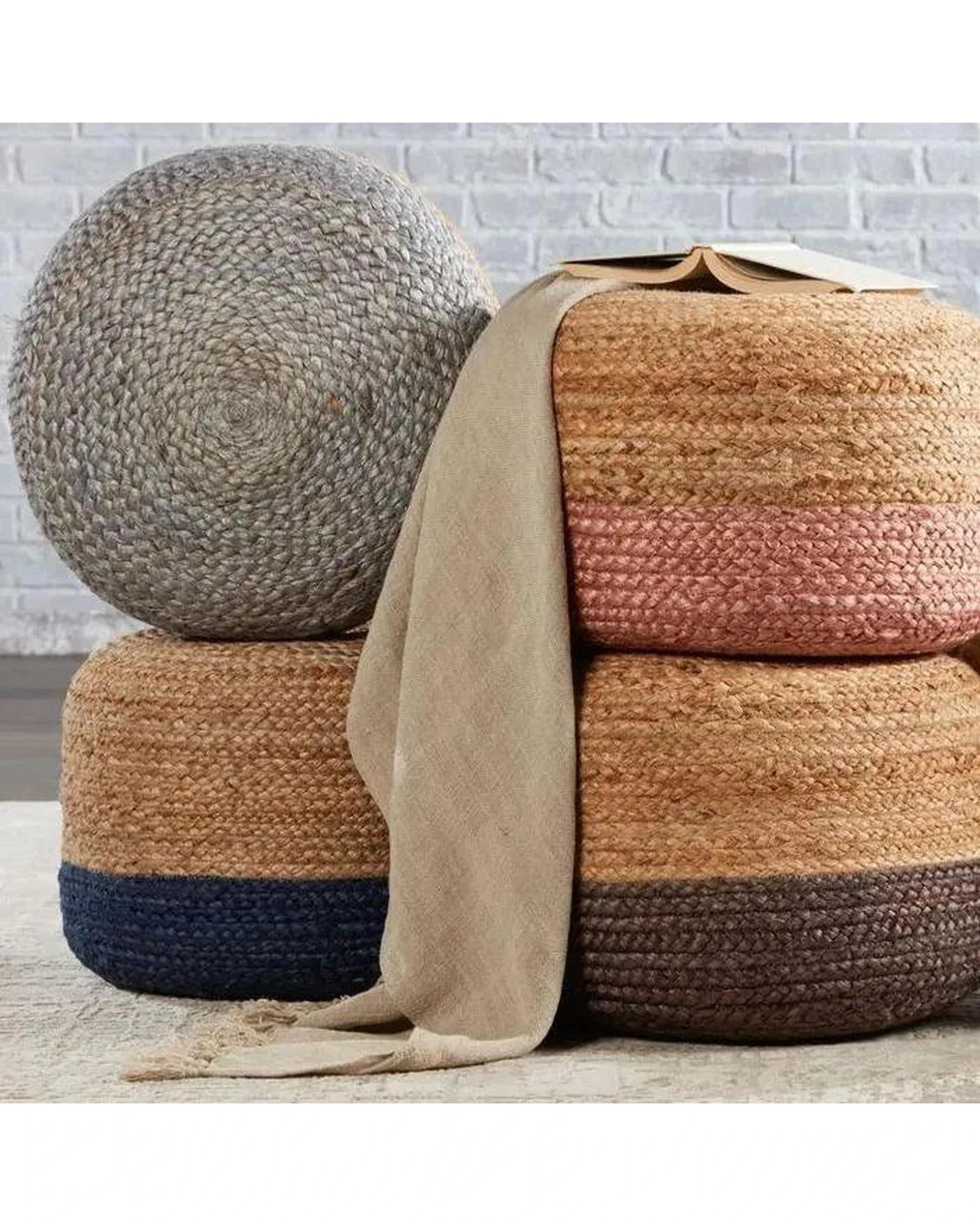 4 La Grace Home Ombre Hand Braided Jute Cotton Pouf Ottoman - Pink, 4 of 4