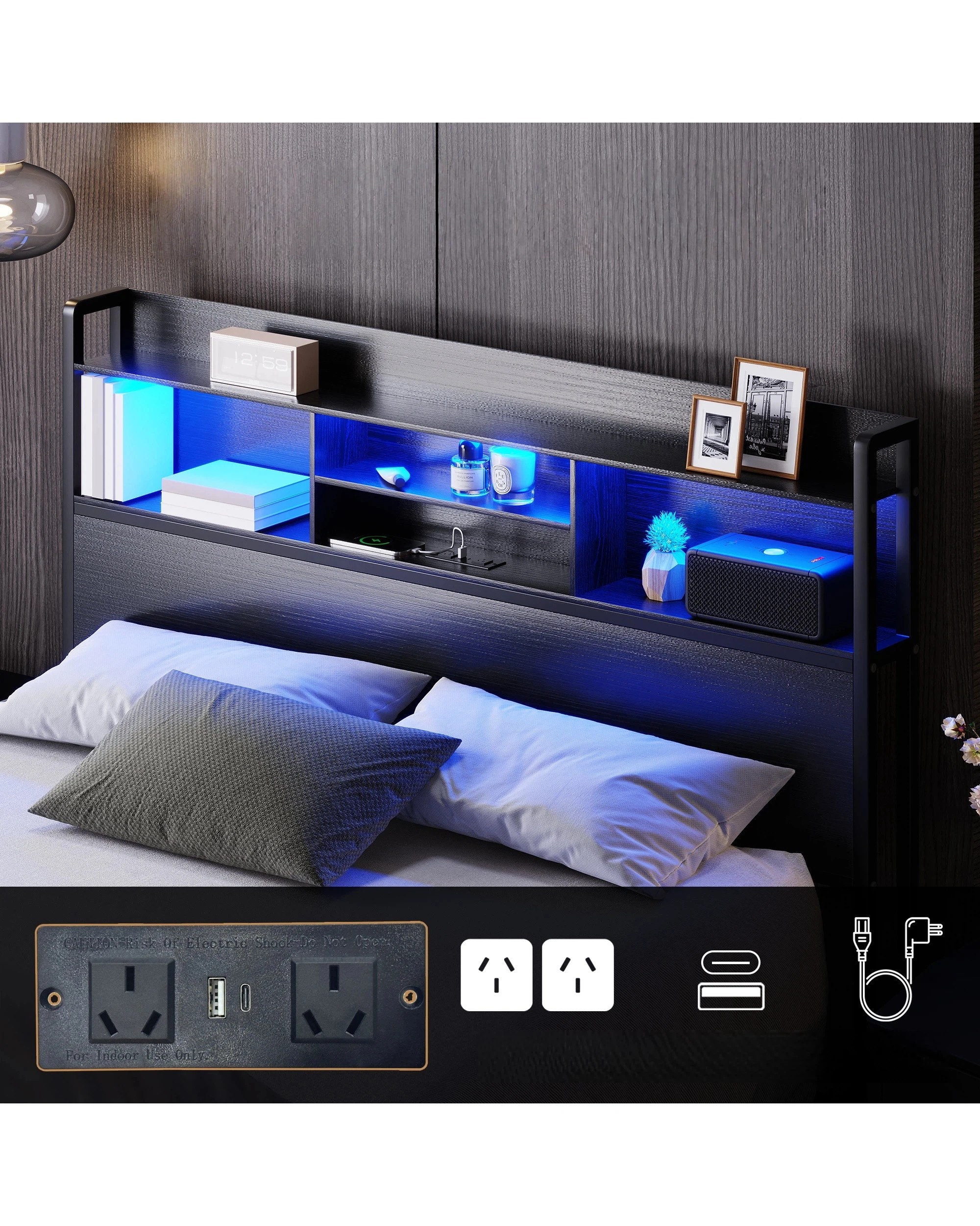4 Advwin Double Bed Frame With 2 Drawers Led Light & Charging Station Black, 4 of 7