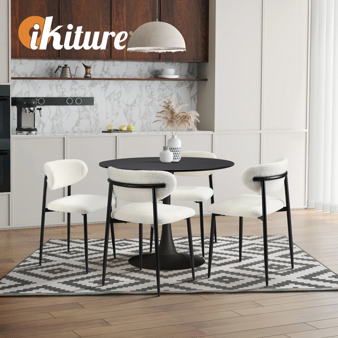 6 Oikiture 90cm Round Dining Table With 4x Dining Chairs Boucle
 - Multi, 6 of 10
