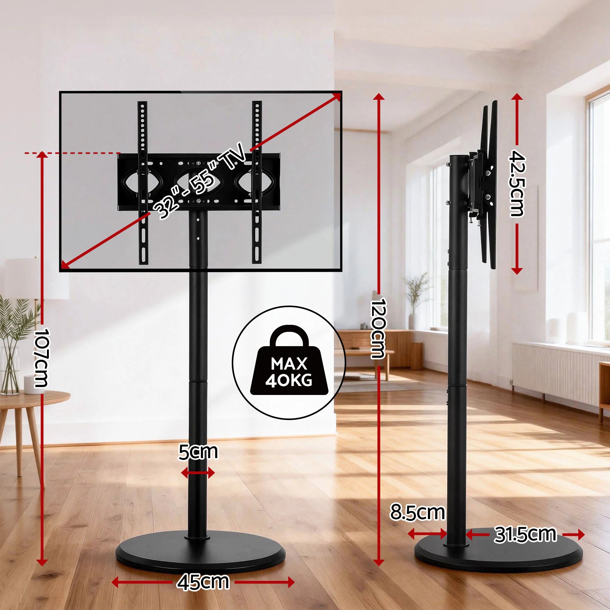 2 Artiss 32-55 Inch Mobile TV Stand with Wheels Height & Tilt Adjustable Floor - Black, 2 of 3